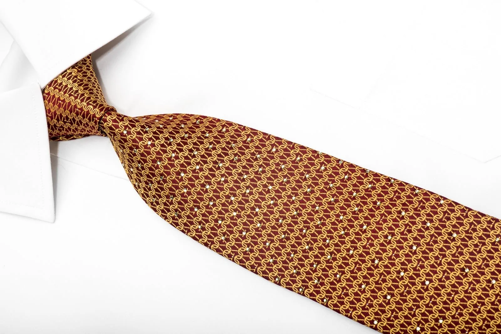 Elle Homme Men's Crystal Necktie Golden Chain Mail On Burgundy Silk With Rhinestones