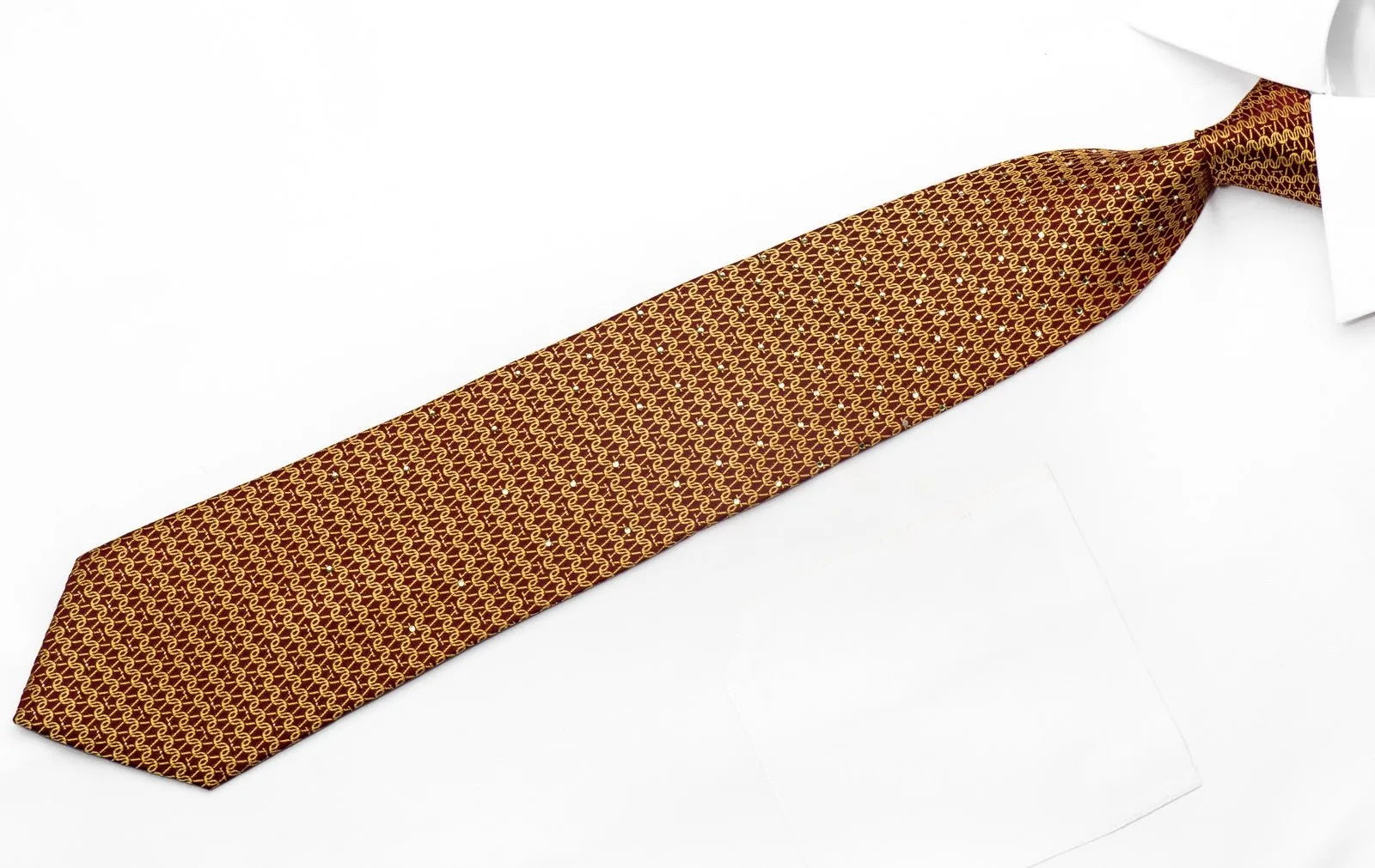 Elle Homme Men's Crystal Necktie Golden Chain Mail On Burgundy Silk With Rhinestones