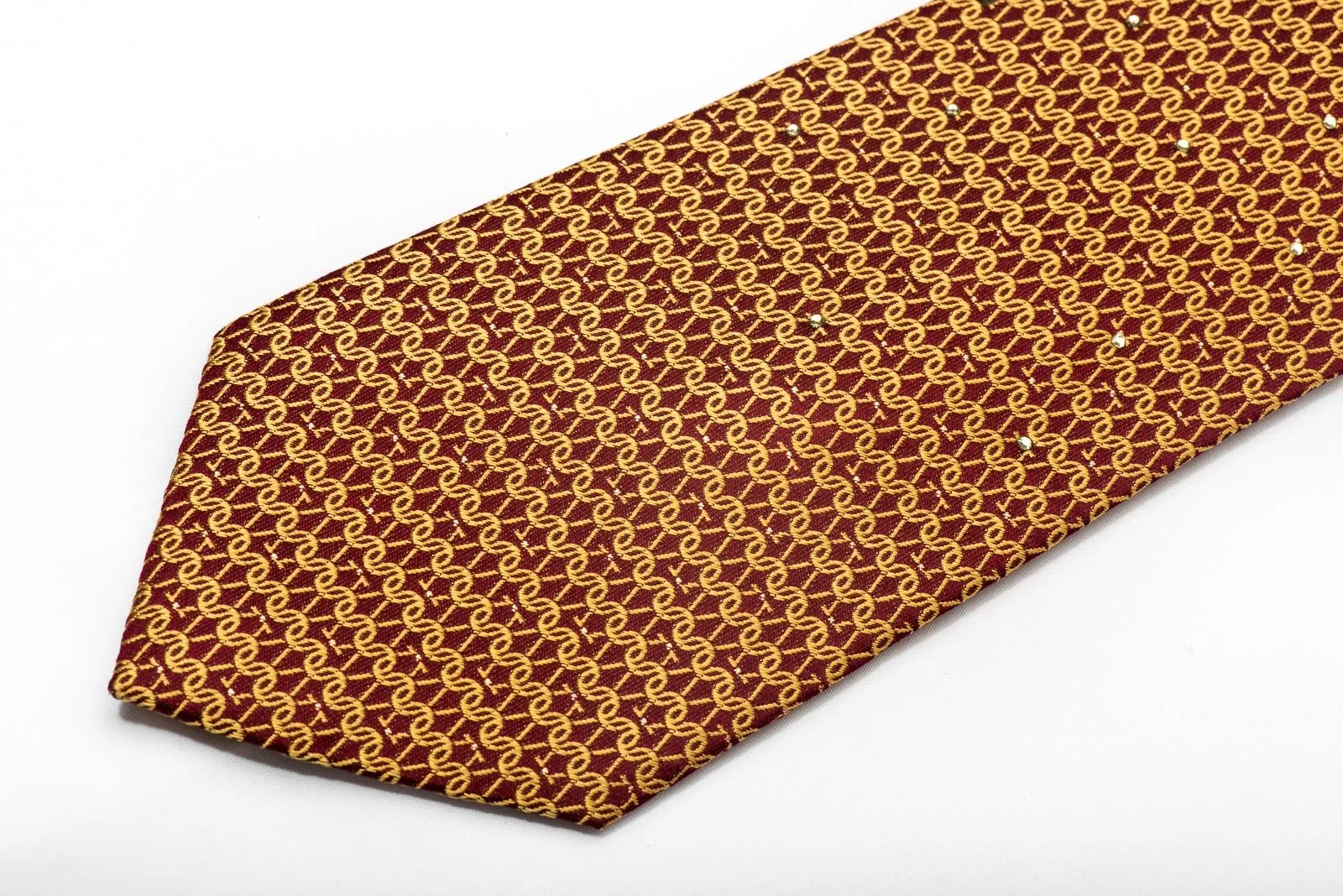 Elle Homme Men's Crystal Necktie Golden Chain Mail On Burgundy Silk With Rhinestones
