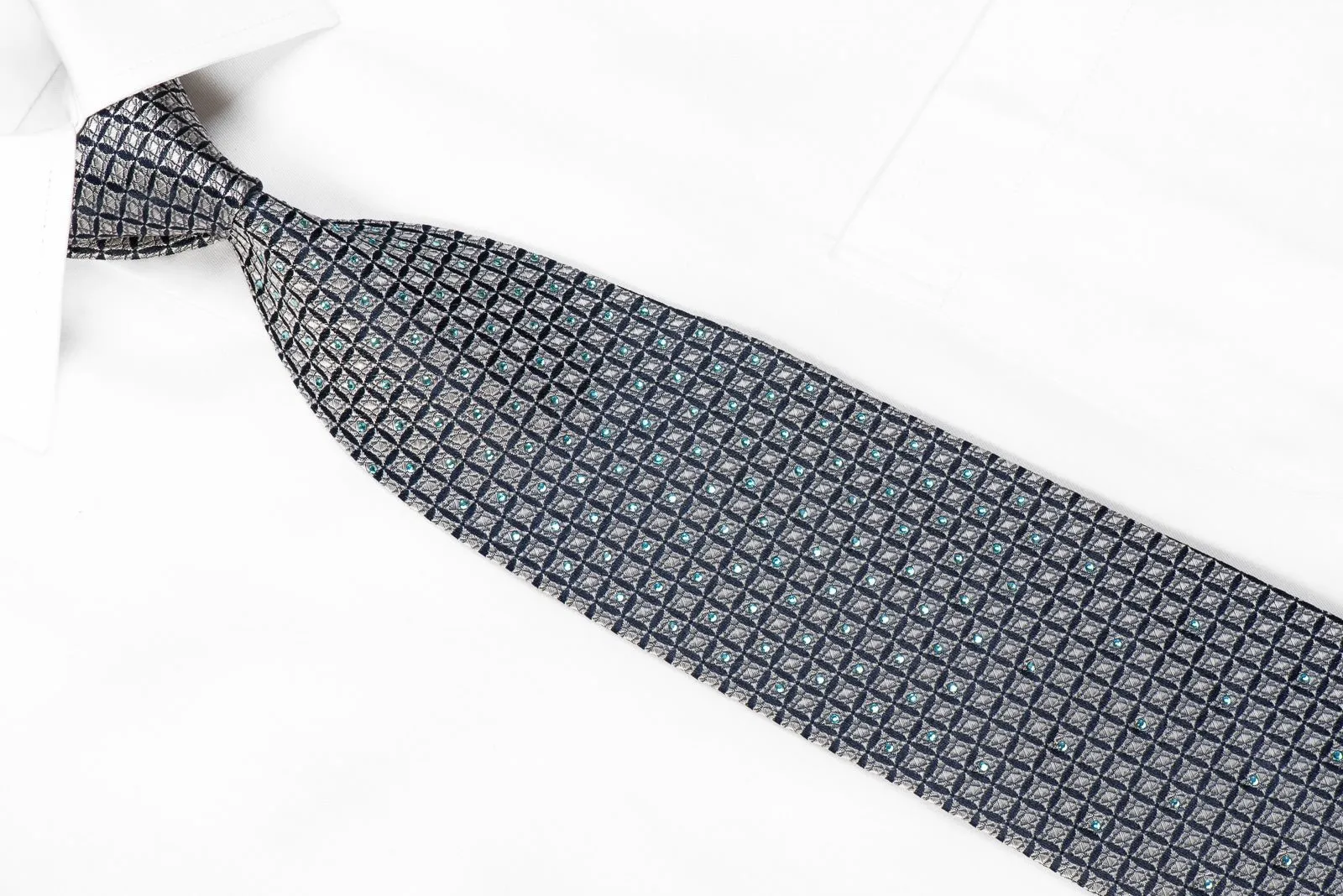 Elle Homme Men's Crystal Silk Tie Silver Geometric On Navy Sparkling With Rhinestones
