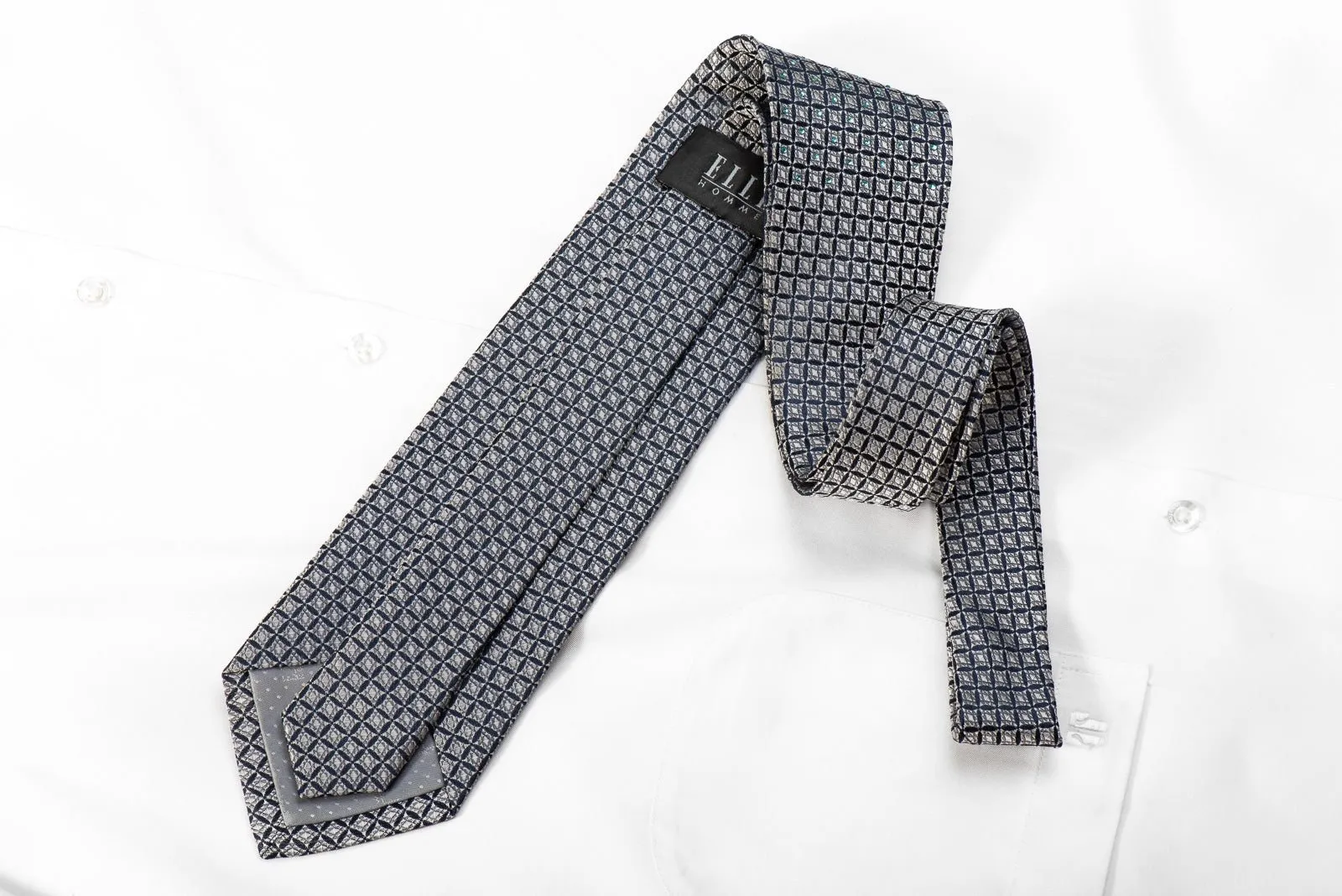 Elle Homme Men's Crystal Silk Tie Silver Geometric On Navy Sparkling With Rhinestones