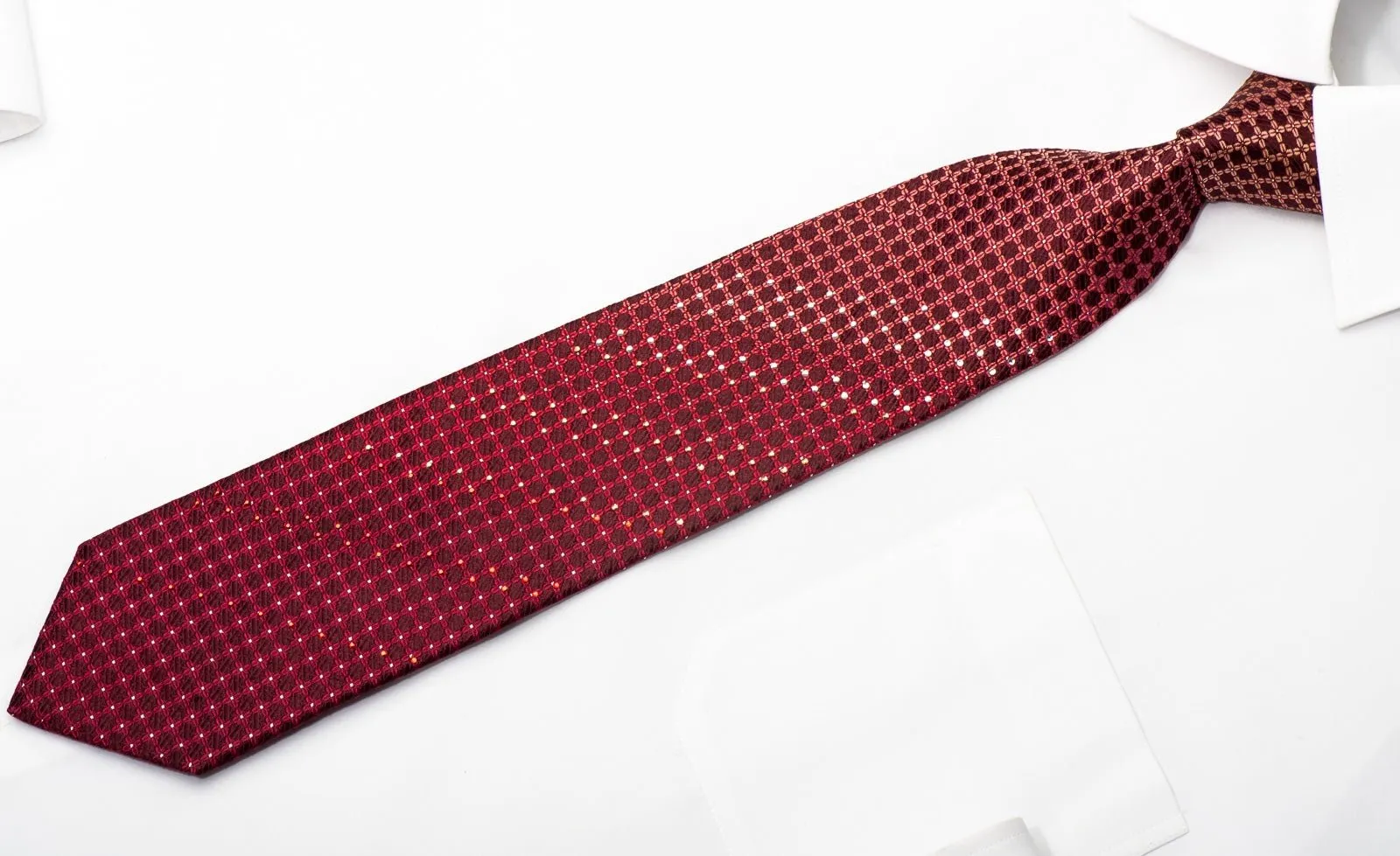 Elle Homme Men's Silk Necktie Trellis On Burgundy Sparkling With Rhinestones