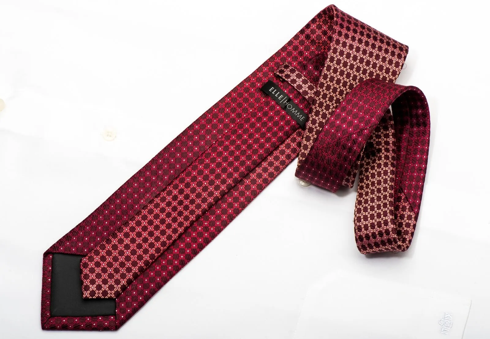 Elle Homme Men's Silk Necktie Trellis On Burgundy Sparkling With Rhinestones