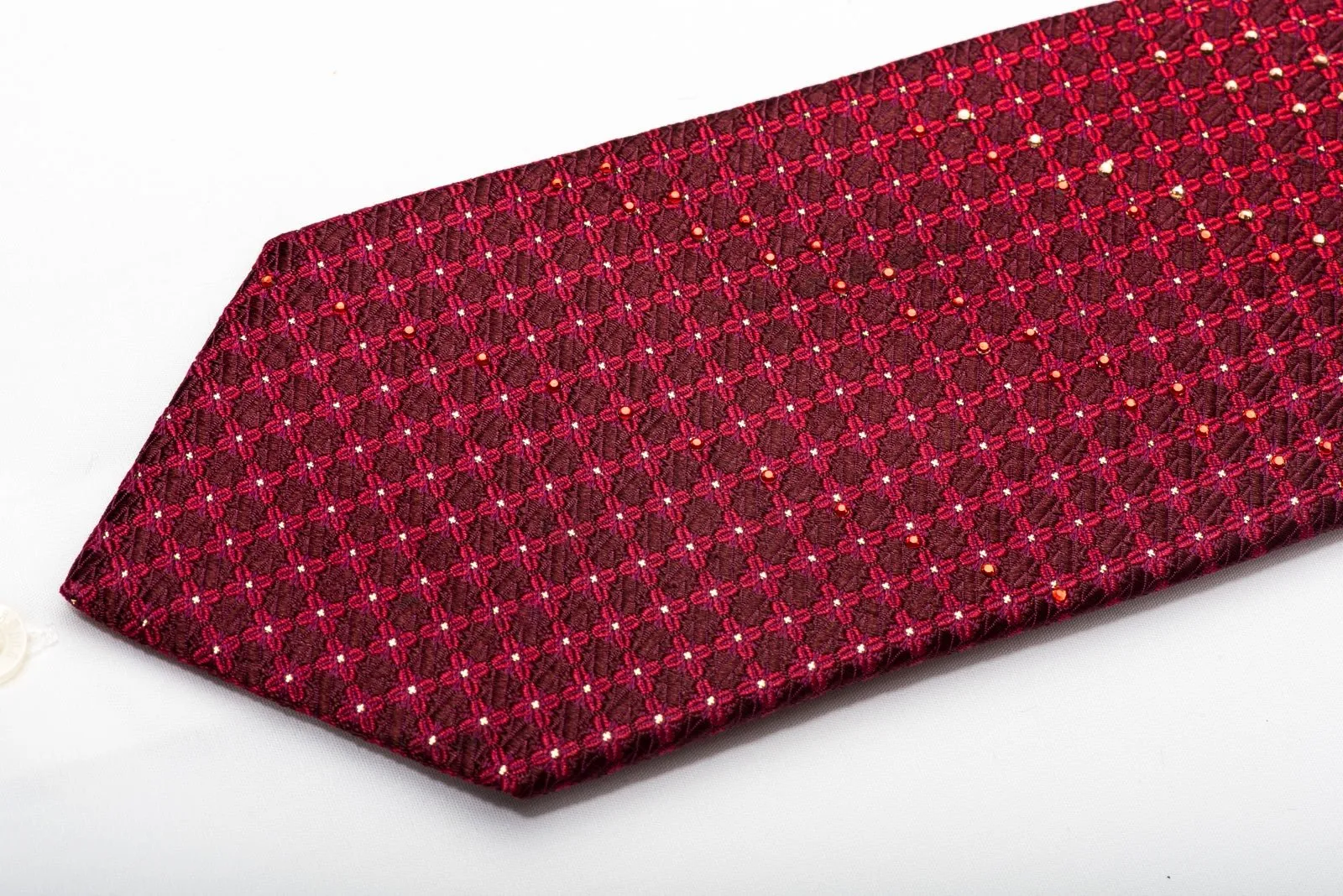 Elle Homme Men's Silk Necktie Trellis On Burgundy Sparkling With Rhinestones