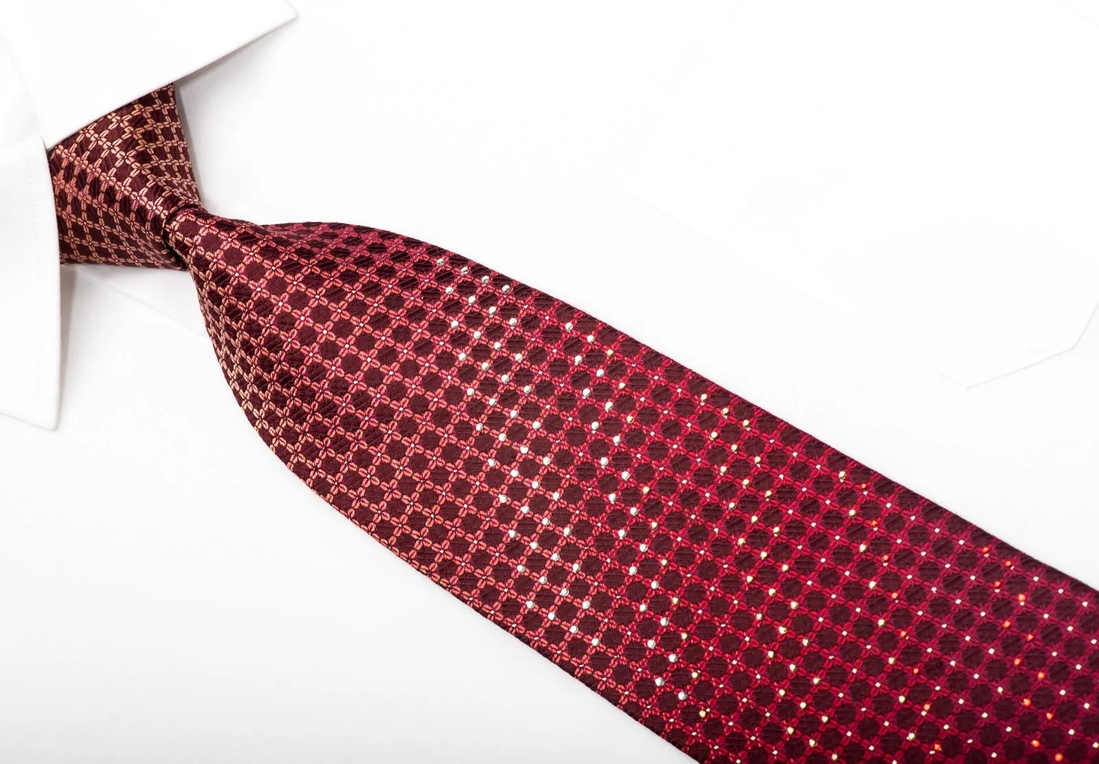 Elle Homme Men's Silk Necktie Trellis On Burgundy Sparkling With Rhinestones
