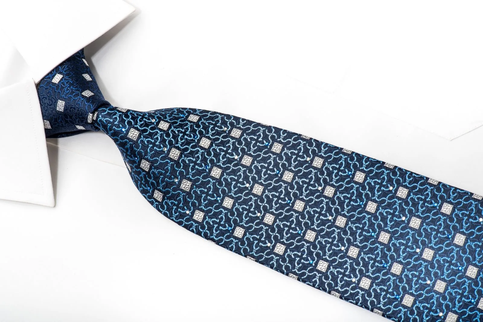 Emprise Mens Silk Necktie Geometric On Blue Sparkling With Rhinestones