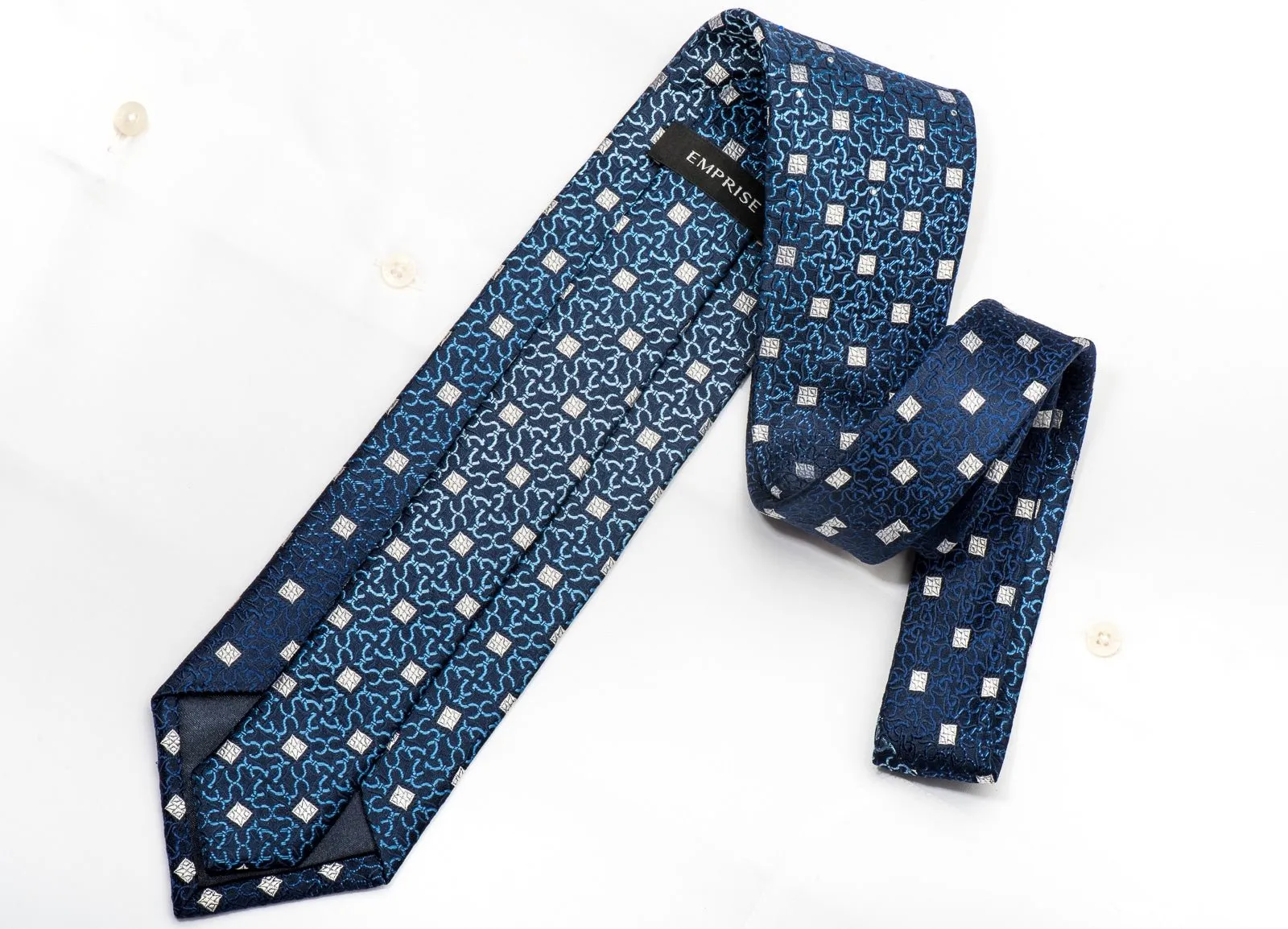 Emprise Mens Silk Necktie Geometric On Blue Sparkling With Rhinestones