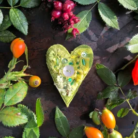 Fabric heart brooches in greens