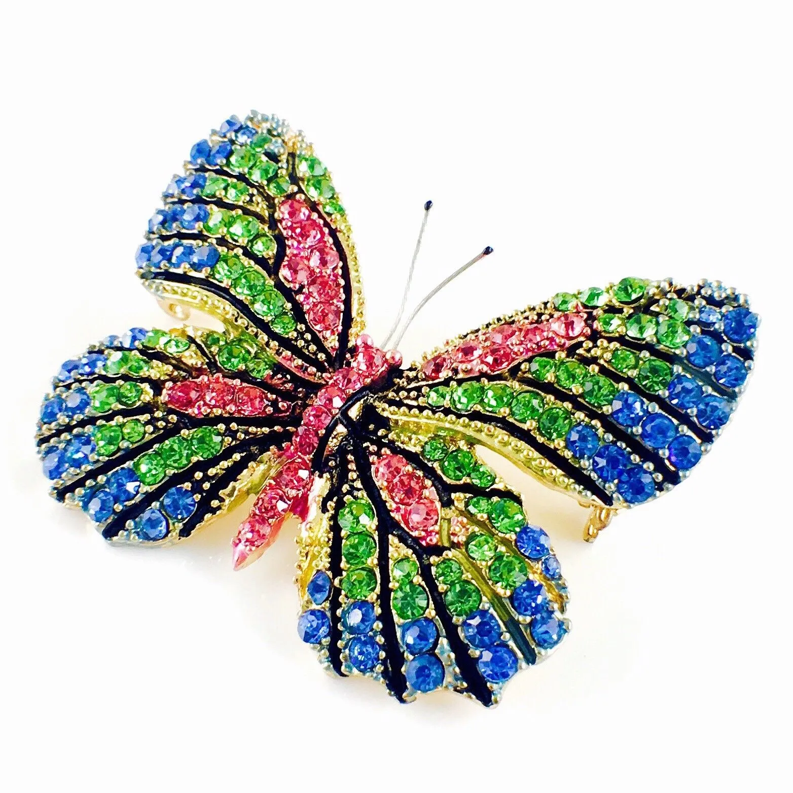 Fairy Butterfly Brooch Swarovski Crystal gold base multi colors Blue Green Pink
