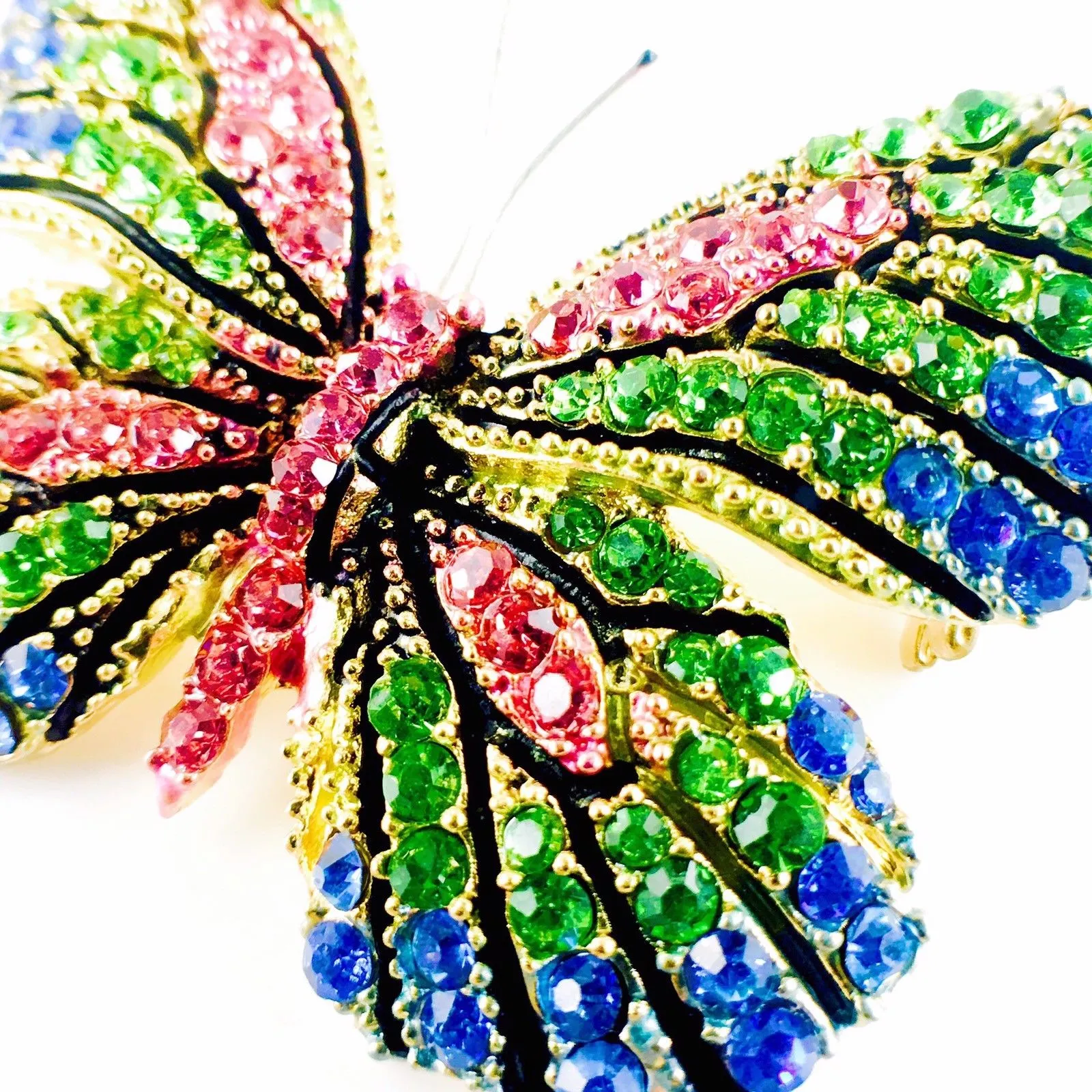 Fairy Butterfly Brooch Swarovski Crystal gold base multi colors Blue Green Pink