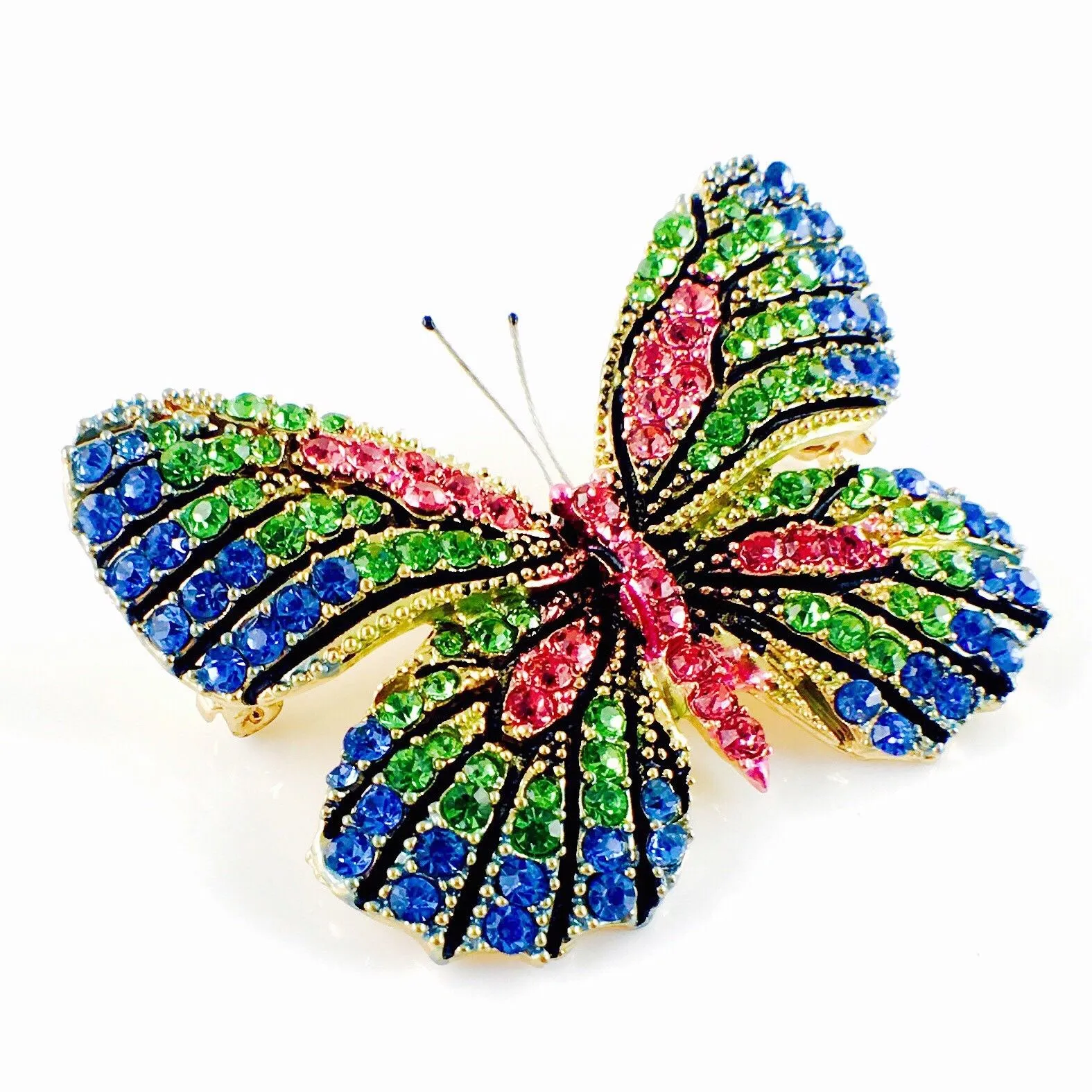 Fairy Butterfly Brooch Swarovski Crystal gold base multi colors Blue Green Pink