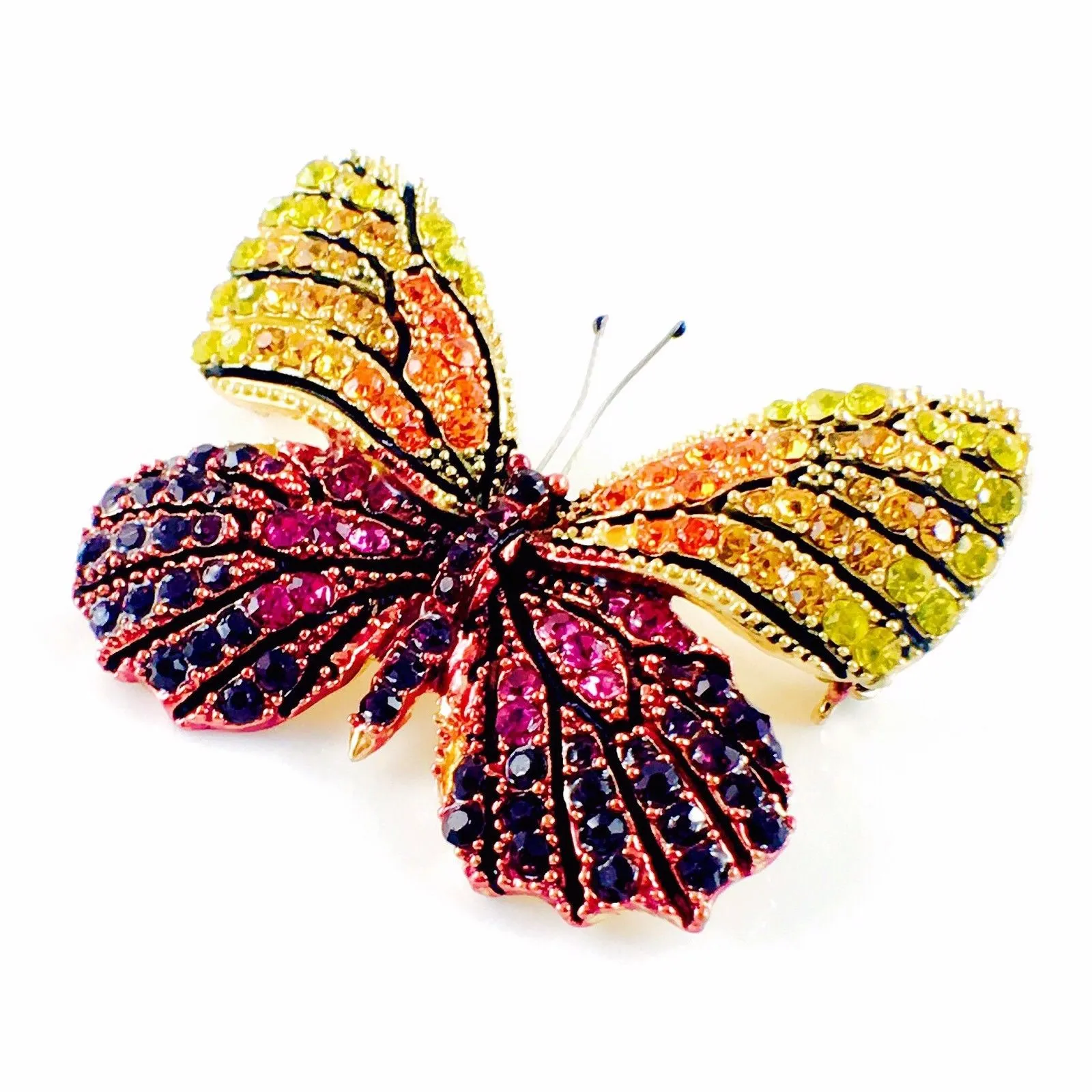 Fairy Butterfly Brooch Swarovski Crystal gold base multi colors Yellow Orange Fuchsia Purple