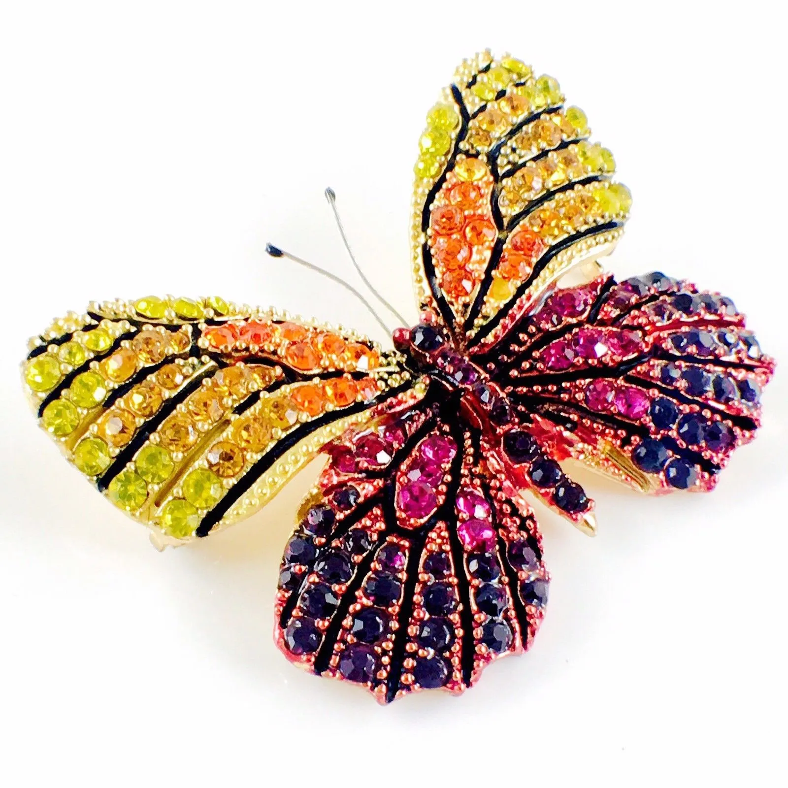Fairy Butterfly Brooch Swarovski Crystal gold base multi colors Yellow Orange Fuchsia Purple