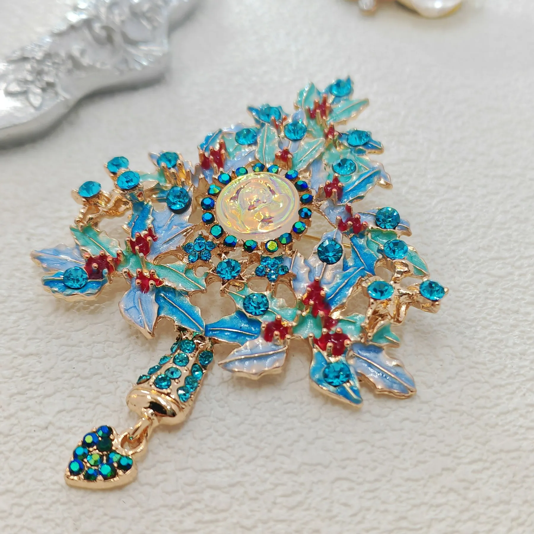 Fantastic Angel Child Illusion Blue Holly Christmas Tree Brooch Pin with Heart Dangle Dressy Up Accessorize Any Outfit Purse