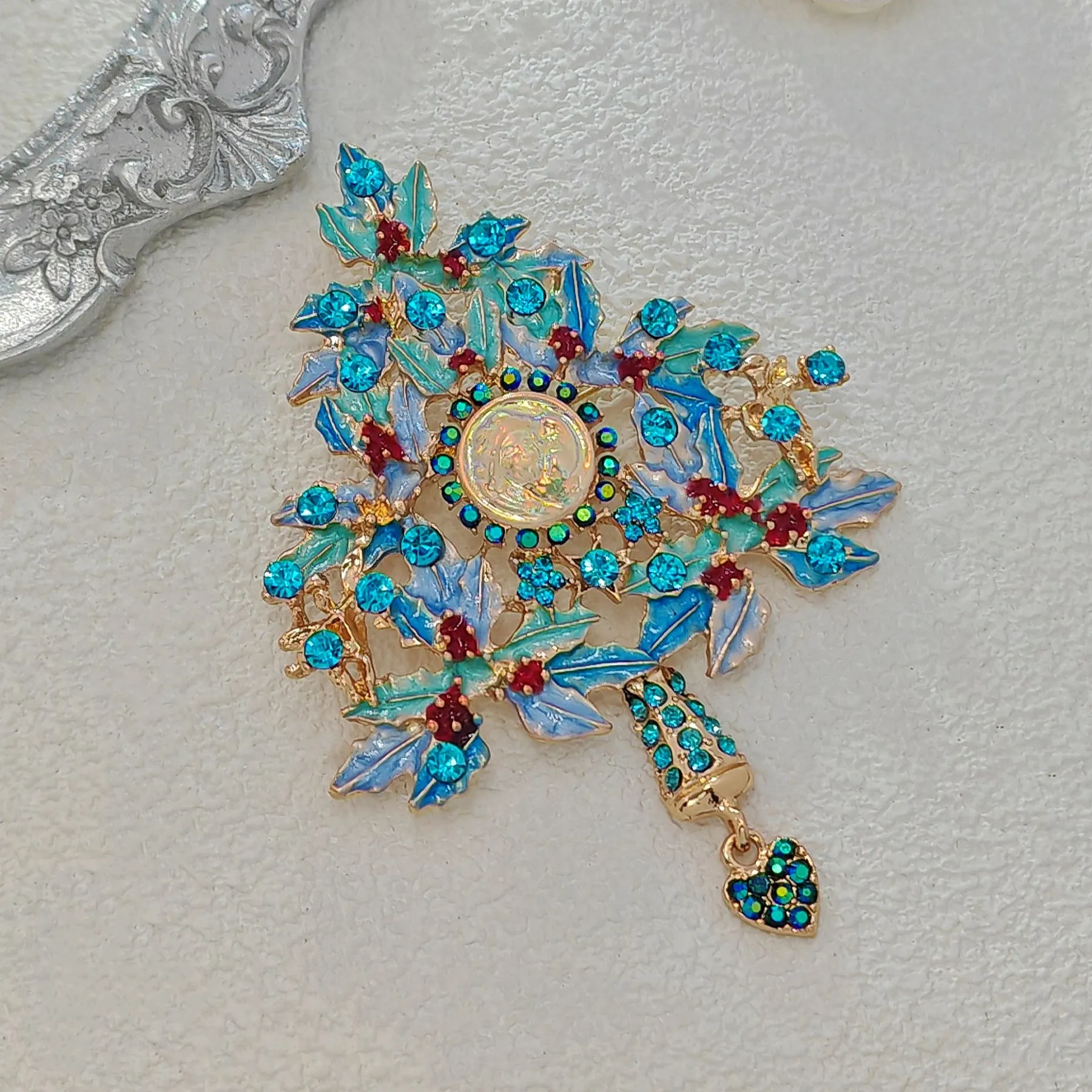 Fantastic Angel Child Illusion Blue Holly Christmas Tree Brooch Pin with Heart Dangle Dressy Up Accessorize Any Outfit Purse