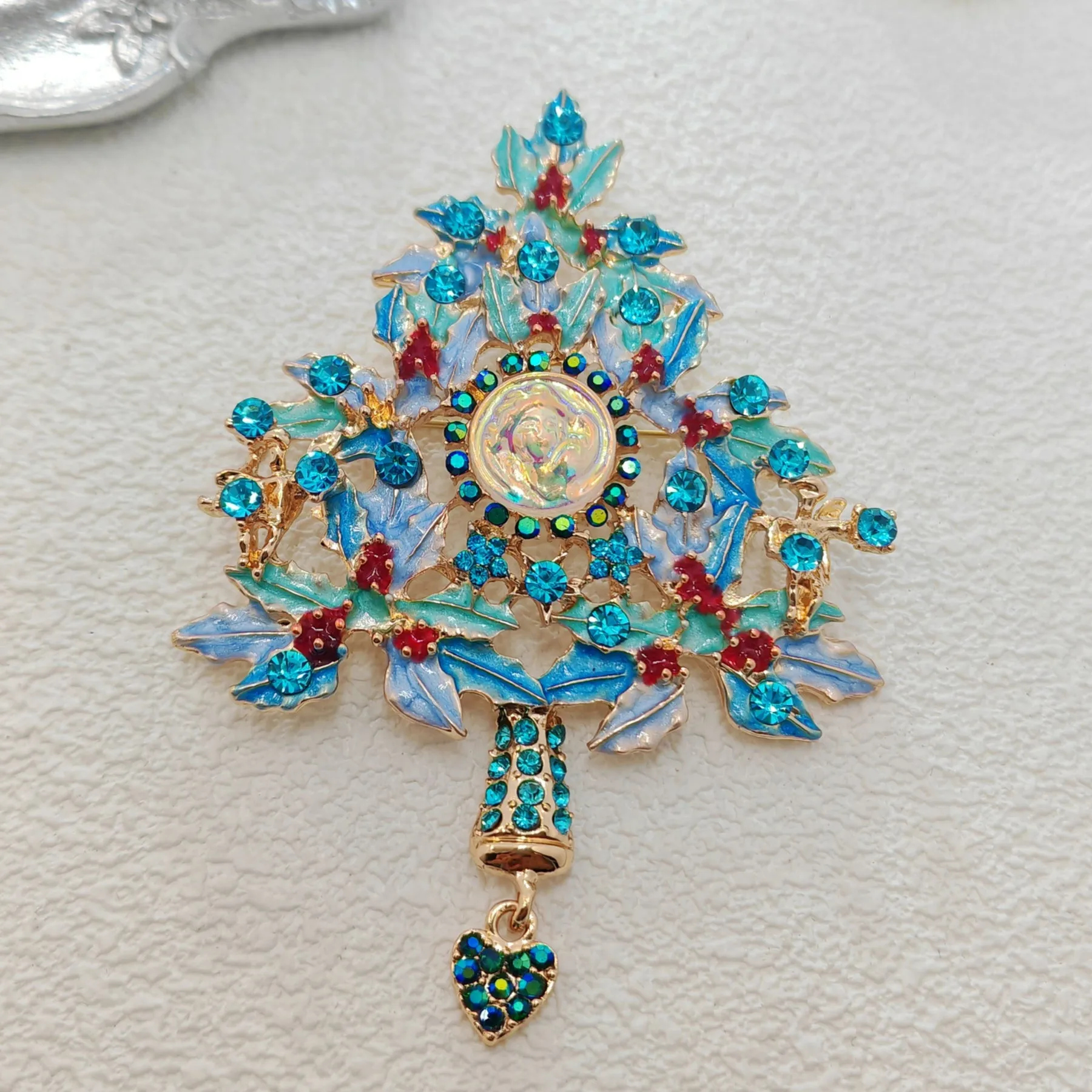 Fantastic Angel Child Illusion Blue Holly Christmas Tree Brooch Pin with Heart Dangle Dressy Up Accessorize Any Outfit Purse