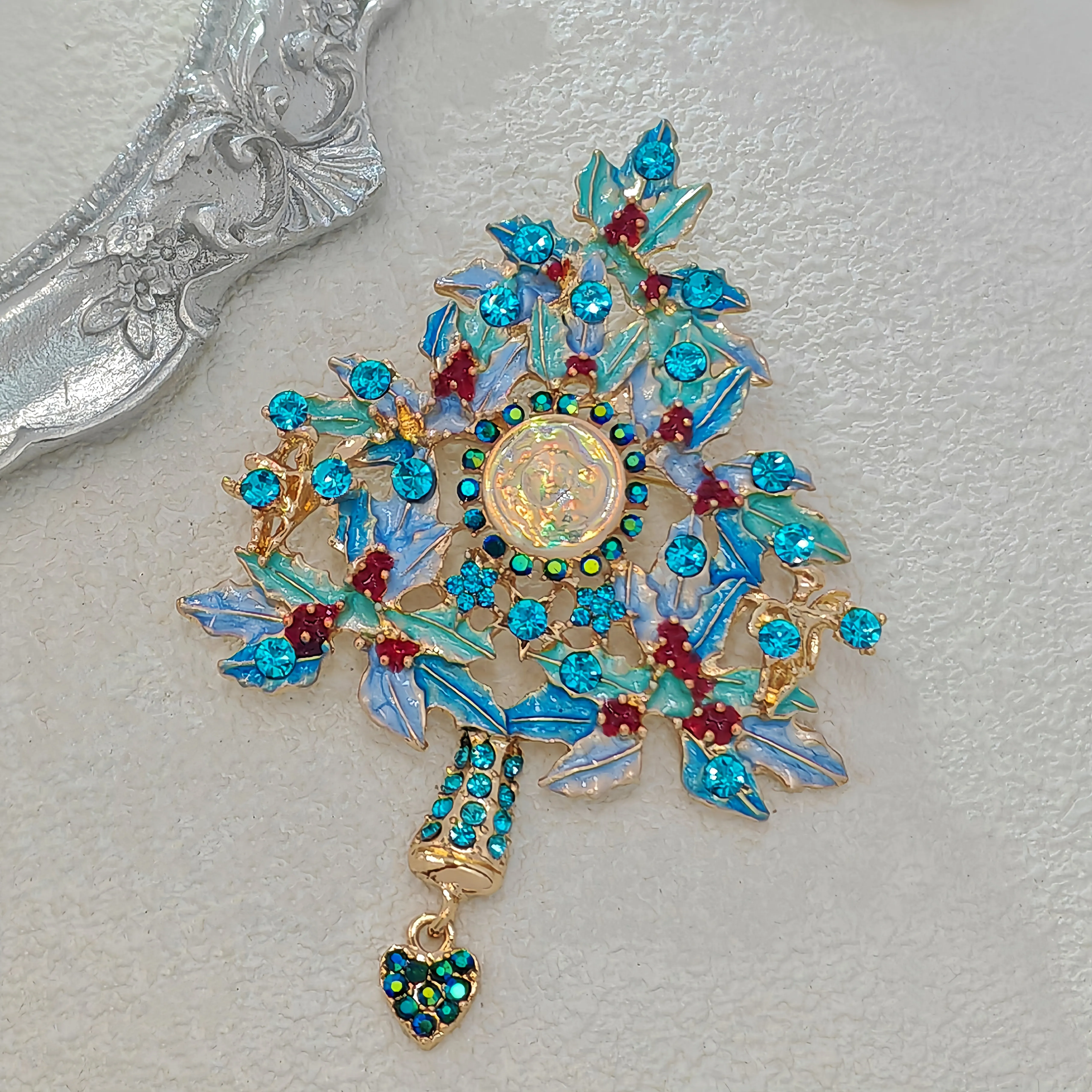 Fantastic Angel Child Illusion Blue Holly Christmas Tree Brooch Pin with Heart Dangle Dressy Up Accessorize Any Outfit Purse