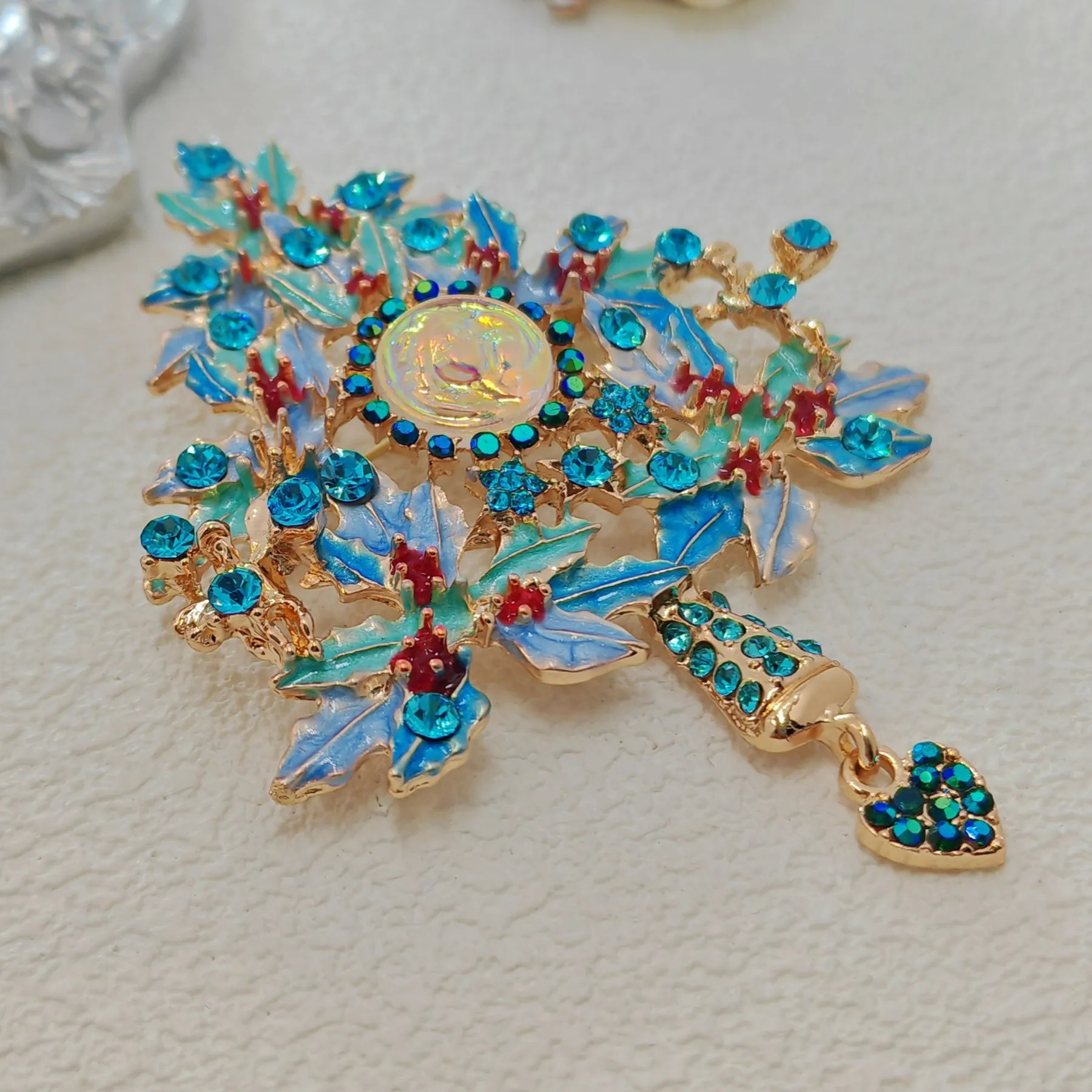Fantastic Angel Child Illusion Blue Holly Christmas Tree Brooch Pin with Heart Dangle Dressy Up Accessorize Any Outfit Purse