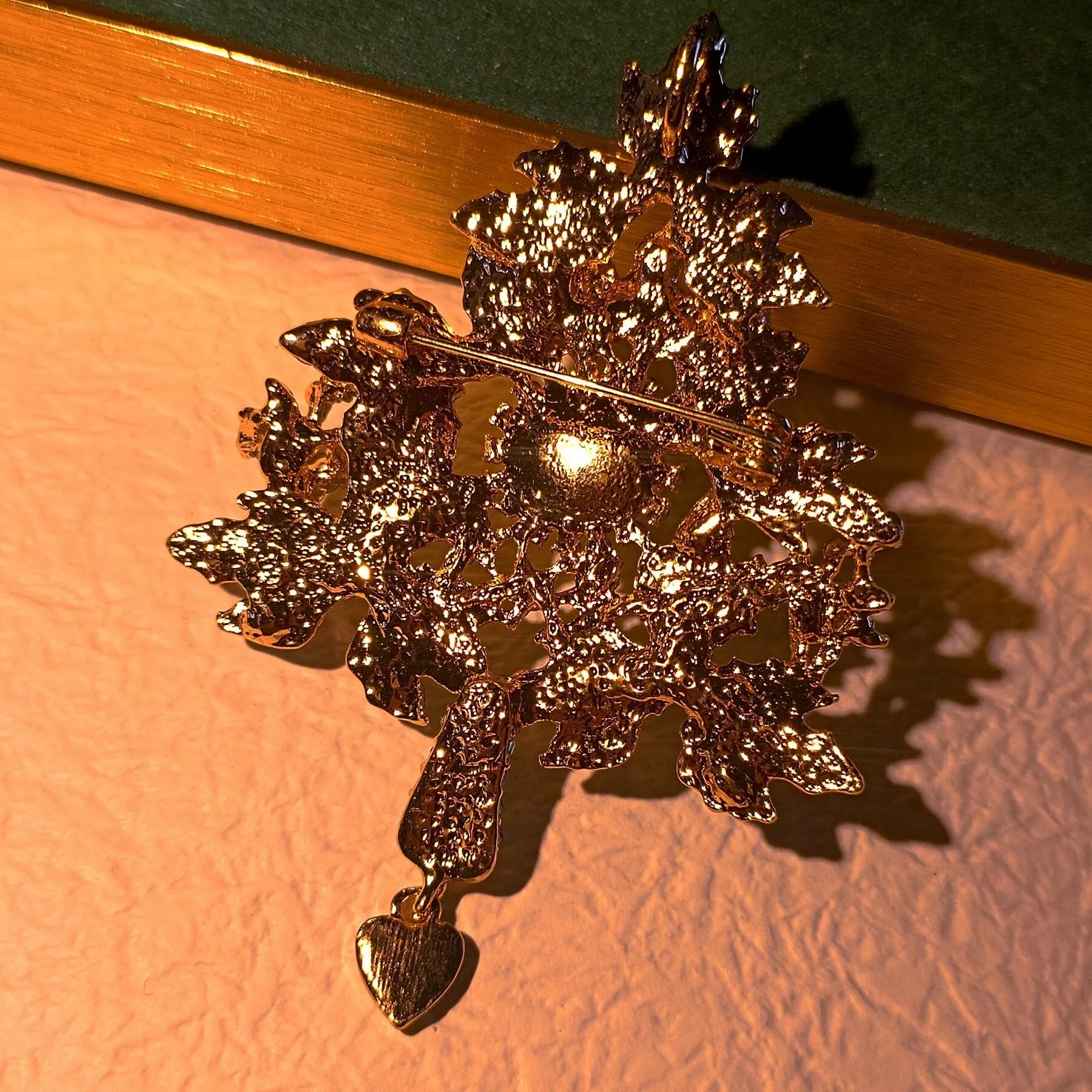 Fantastic Angel Child Illusion Blue Holly Christmas Tree Brooch Pin with Heart Dangle Dressy Up Accessorize Any Outfit Purse