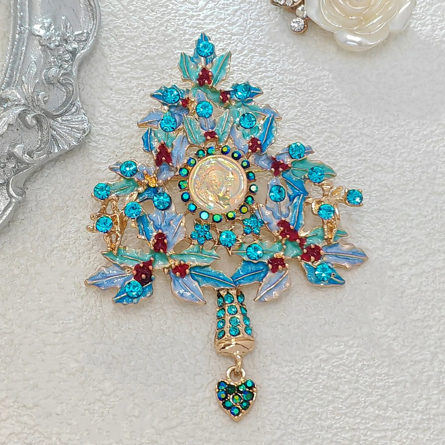 Fantastic Angel Child Illusion Blue Holly Christmas Tree Brooch Pin with Heart Dangle Dressy Up Accessorize Any Outfit Purse