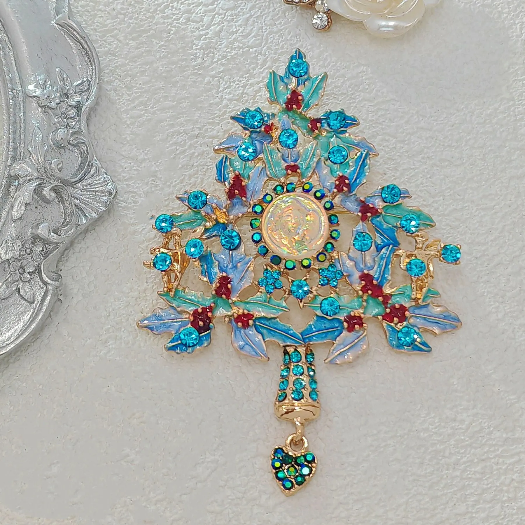 Fantastic Angel Child Illusion Blue Holly Christmas Tree Brooch Pin with Heart Dangle Dressy Up Accessorize Any Outfit Purse