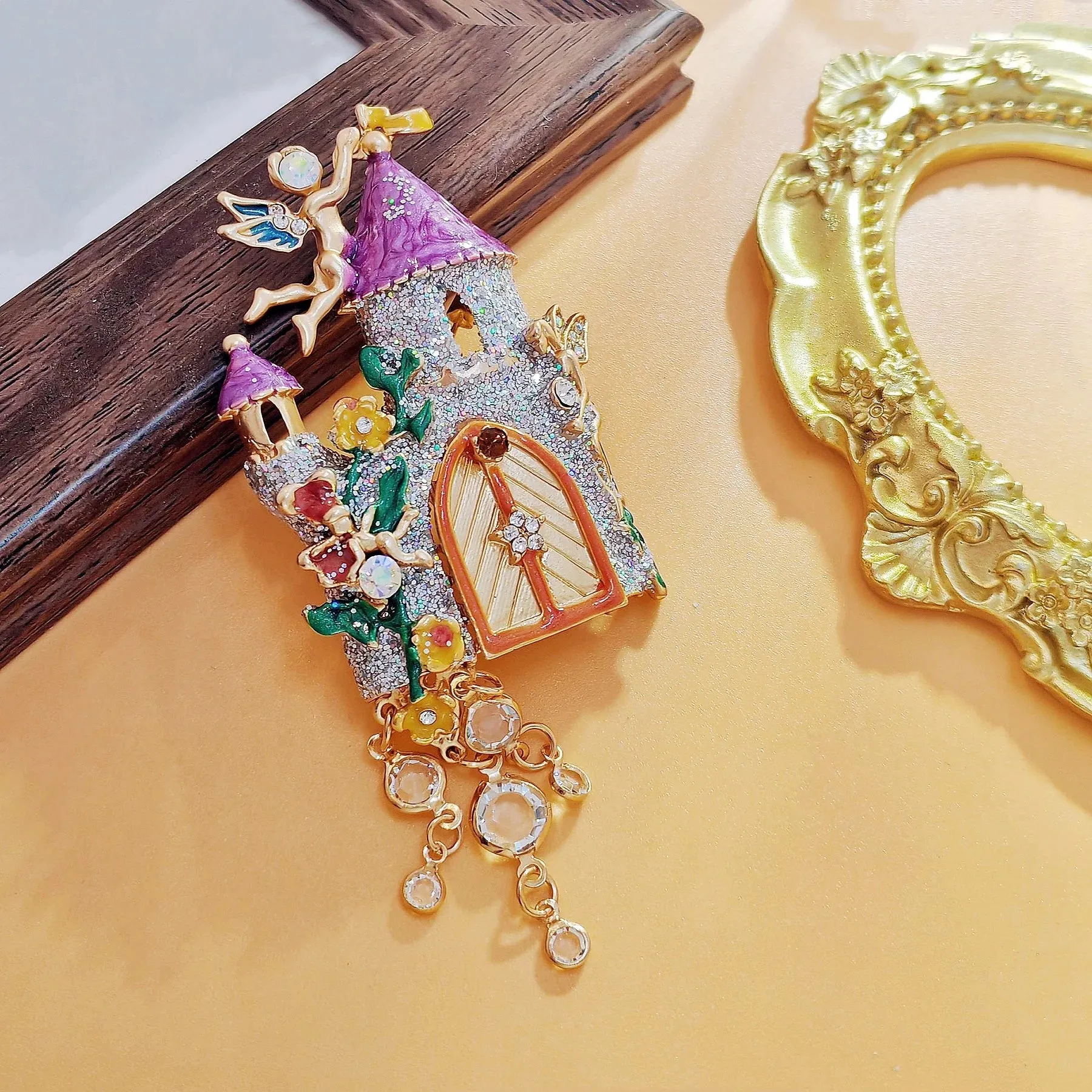 Fantastic Angles and Sequins Enamel Fairy Castle Brooch with Tassel Drop