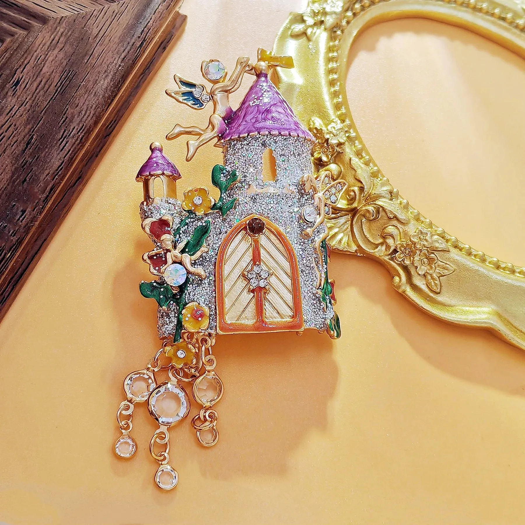 Fantastic Angles and Sequins Enamel Fairy Castle Brooch with Tassel Drop