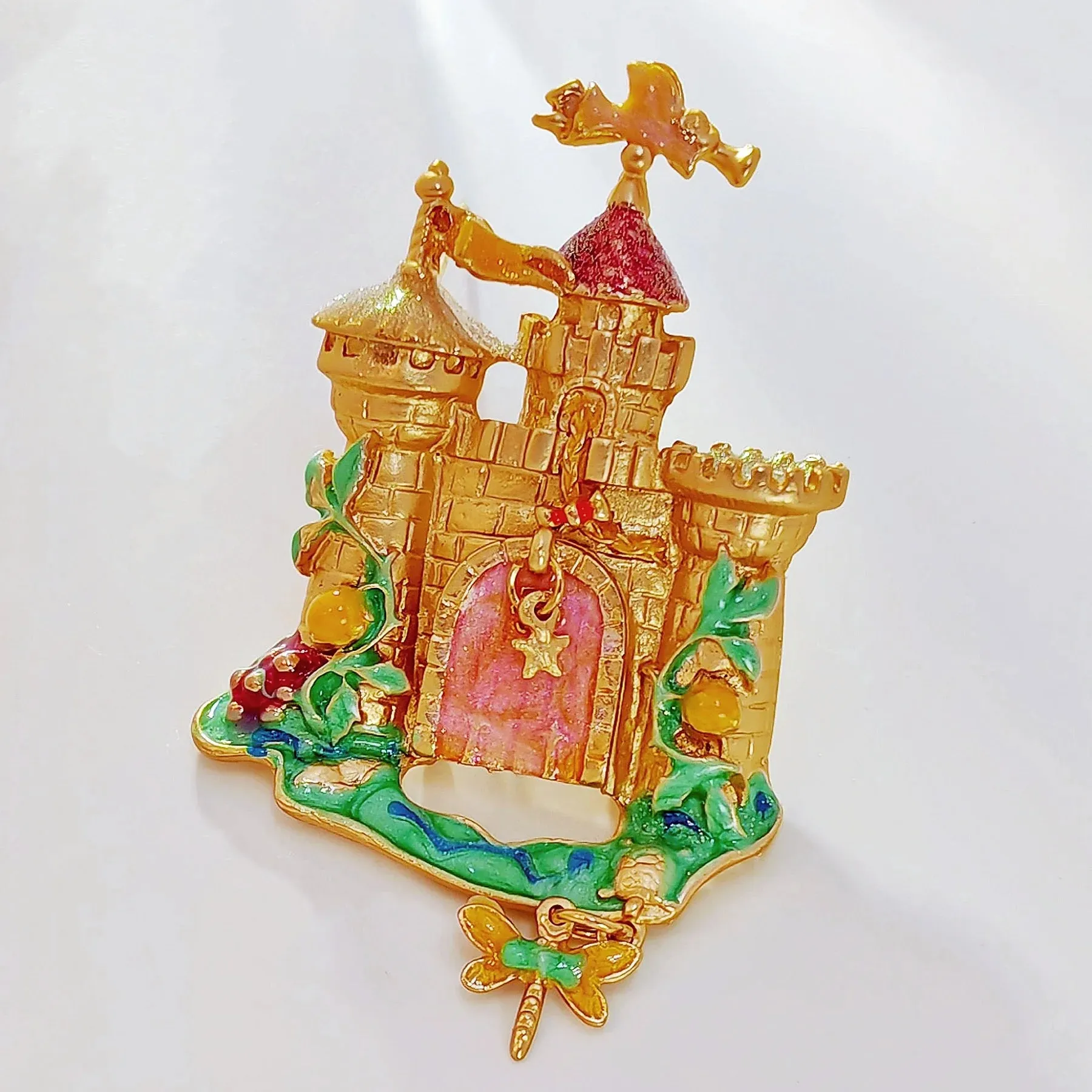 Fantastic Angles and Sequins Enamel Fairy Castle Brooch with Tassel Drop