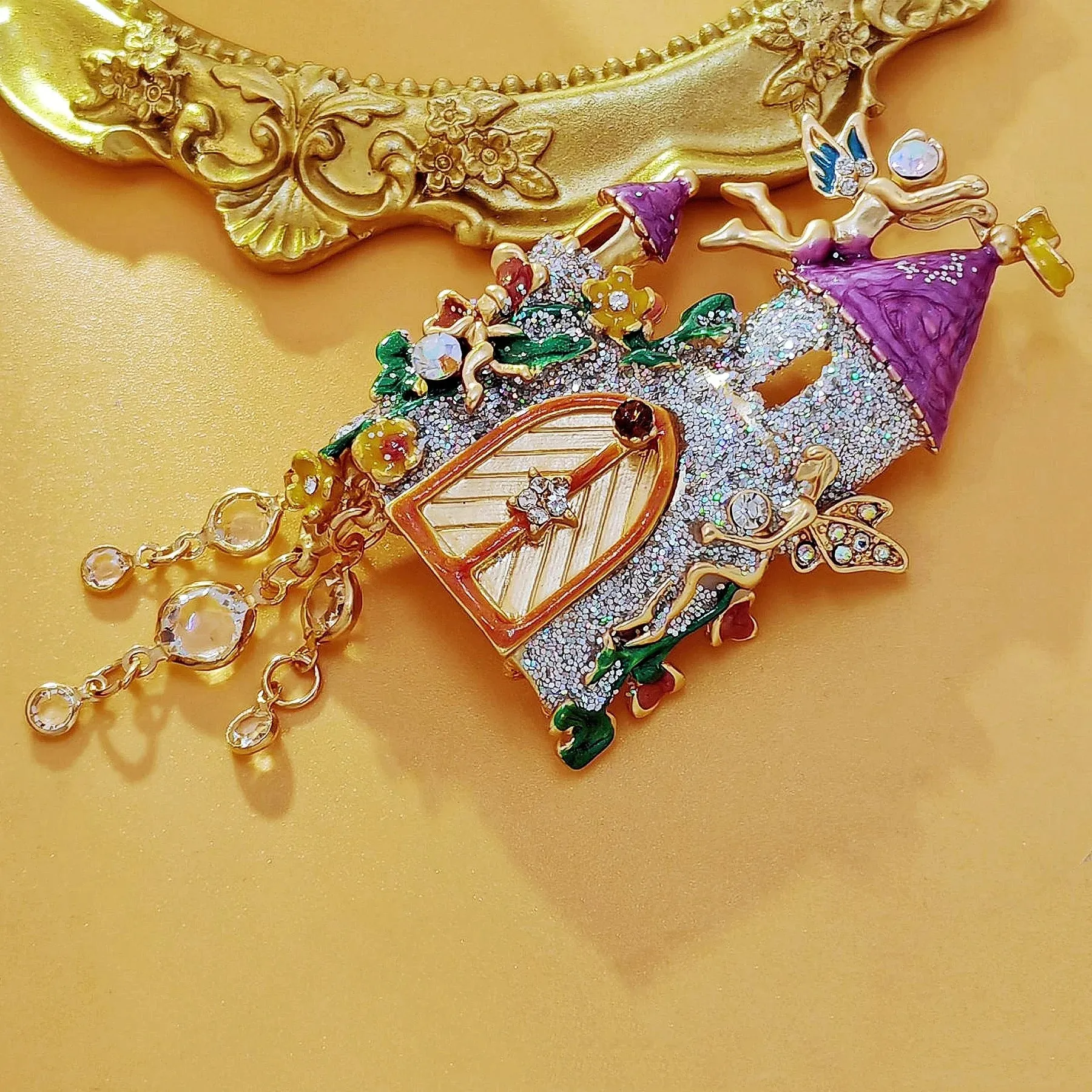 Fantastic Angles and Sequins Enamel Fairy Castle Brooch with Tassel Drop