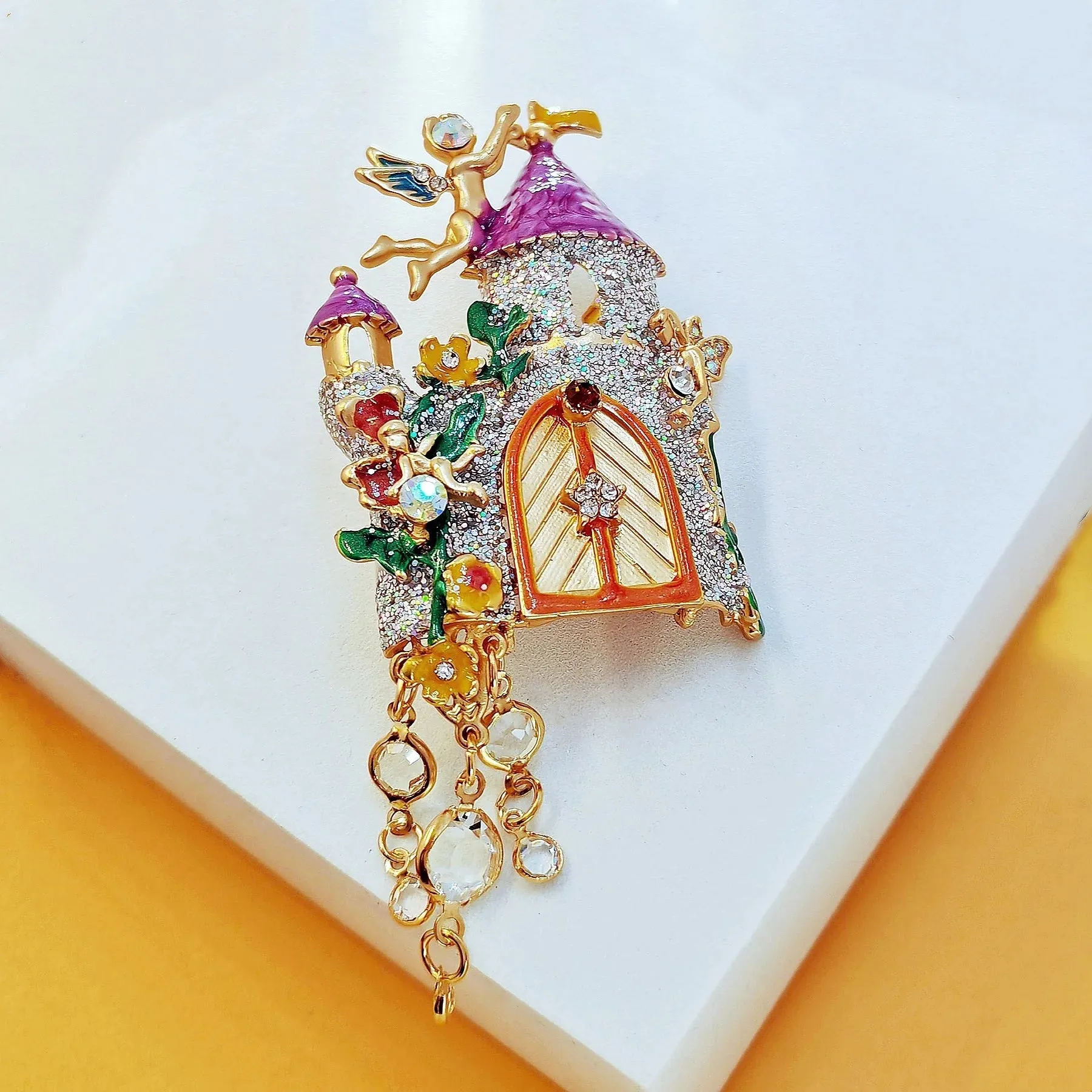 Fantastic Angles and Sequins Enamel Fairy Castle Brooch with Tassel Drop
