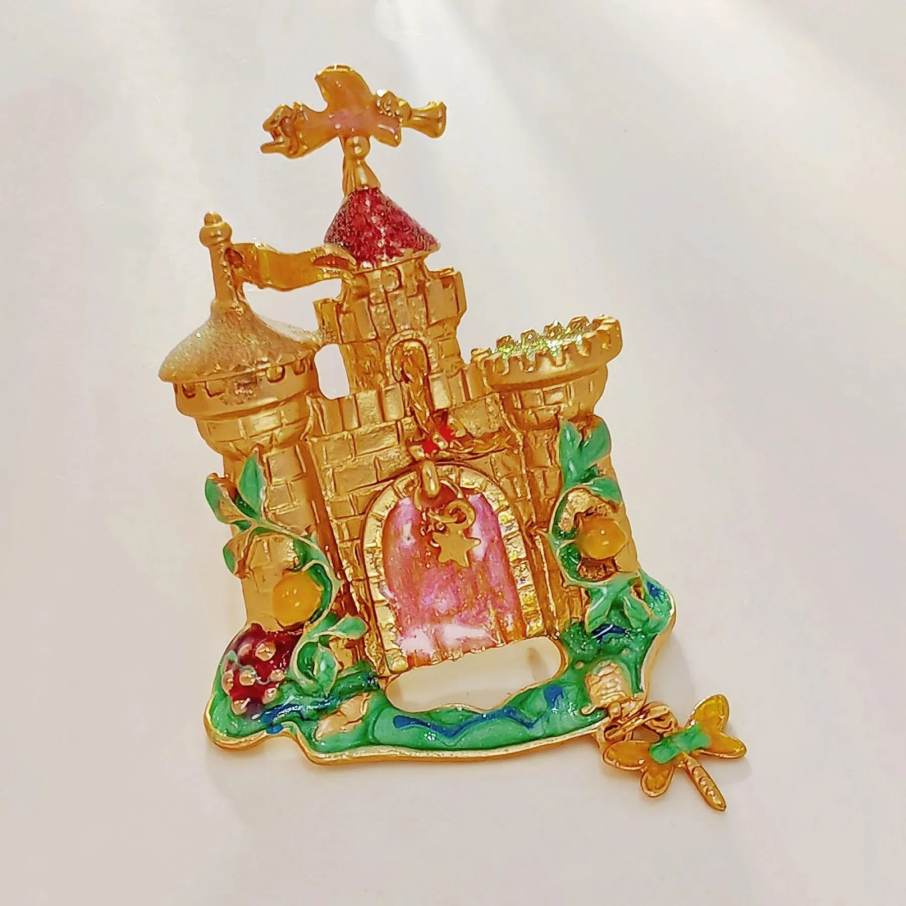 Fantastic Angles and Sequins Enamel Fairy Castle Brooch with Tassel Drop