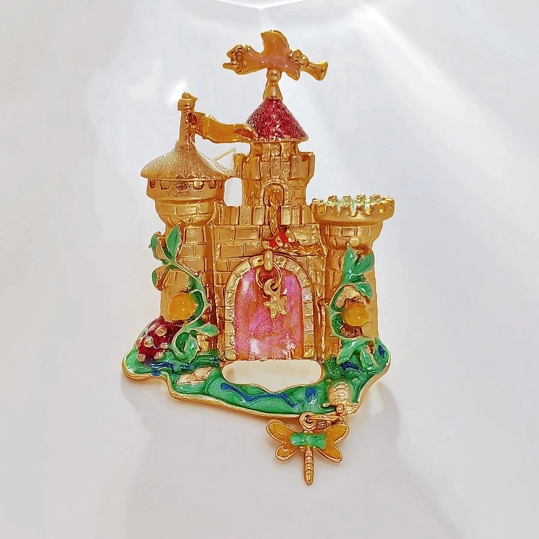 Fantastic Angles and Sequins Enamel Fairy Castle Brooch with Tassel Drop