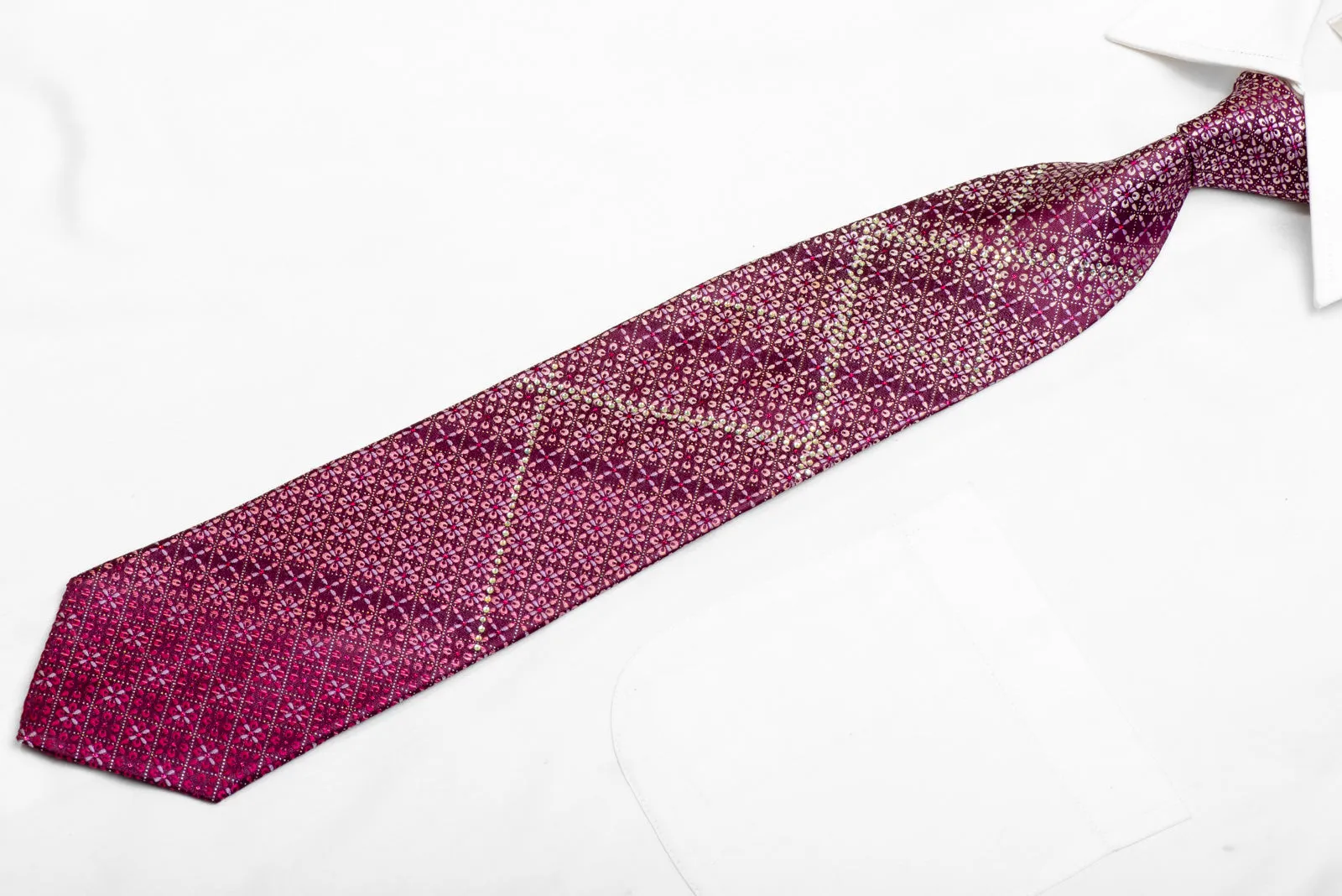 Floral Trellis On Purple Rhinestone Silk Necktie With Sparkles