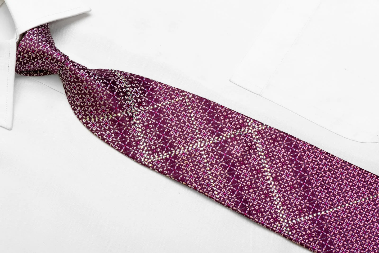 Floral Trellis On Purple Rhinestone Silk Necktie With Sparkles