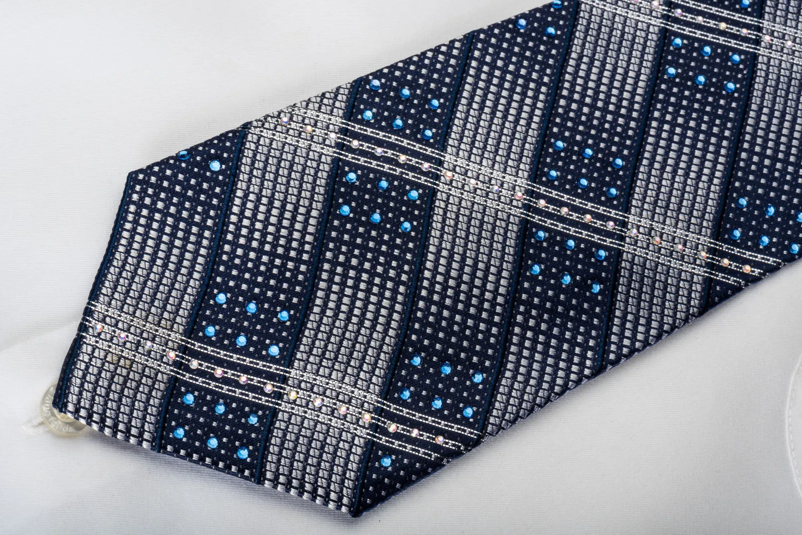 Franco Ferraro Rhinestone Silk Necktie Silver Striped On Blue With Silver Sparkles