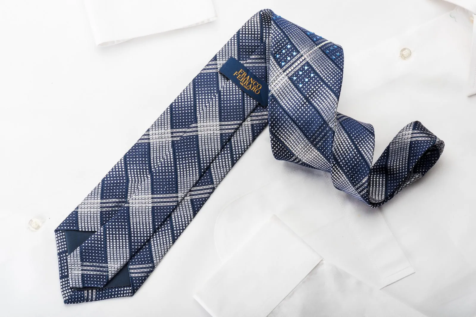 Franco Ferraro Rhinestone Silk Necktie Silver Striped On Blue With Silver Sparkles