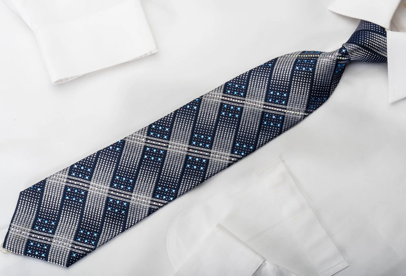 Franco Ferraro Rhinestone Silk Necktie Silver Striped On Blue With Silver Sparkles