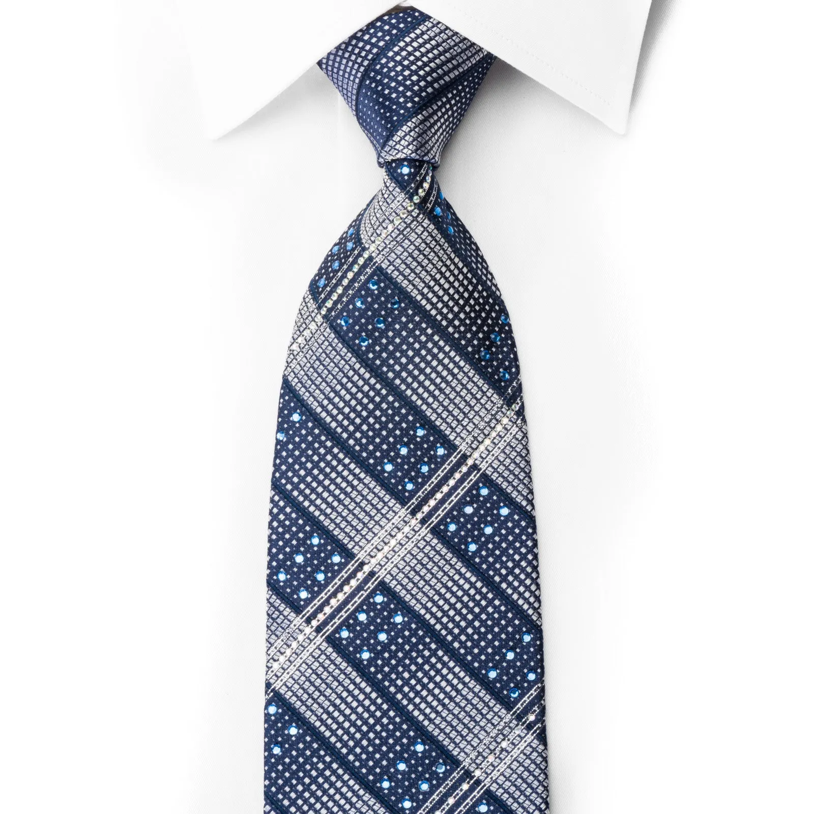 Franco Ferraro Rhinestone Silk Necktie Silver Striped On Blue With Silver Sparkles