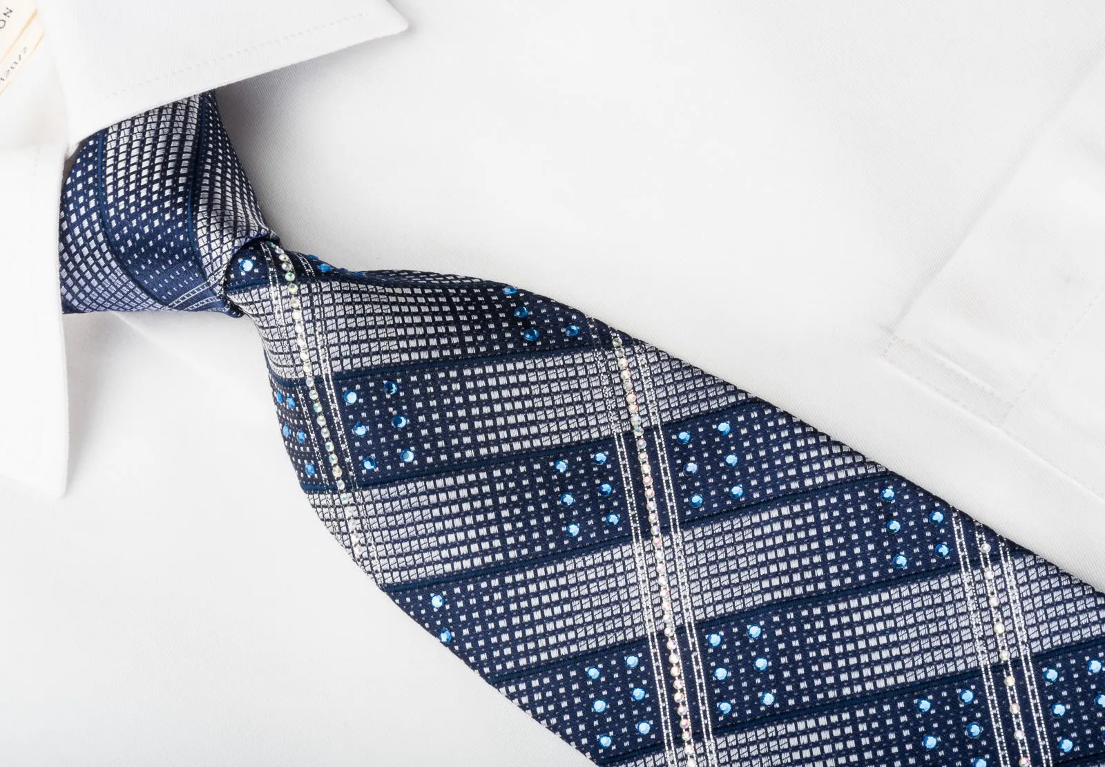 Franco Ferraro Rhinestone Silk Necktie Silver Striped On Blue With Silver Sparkles