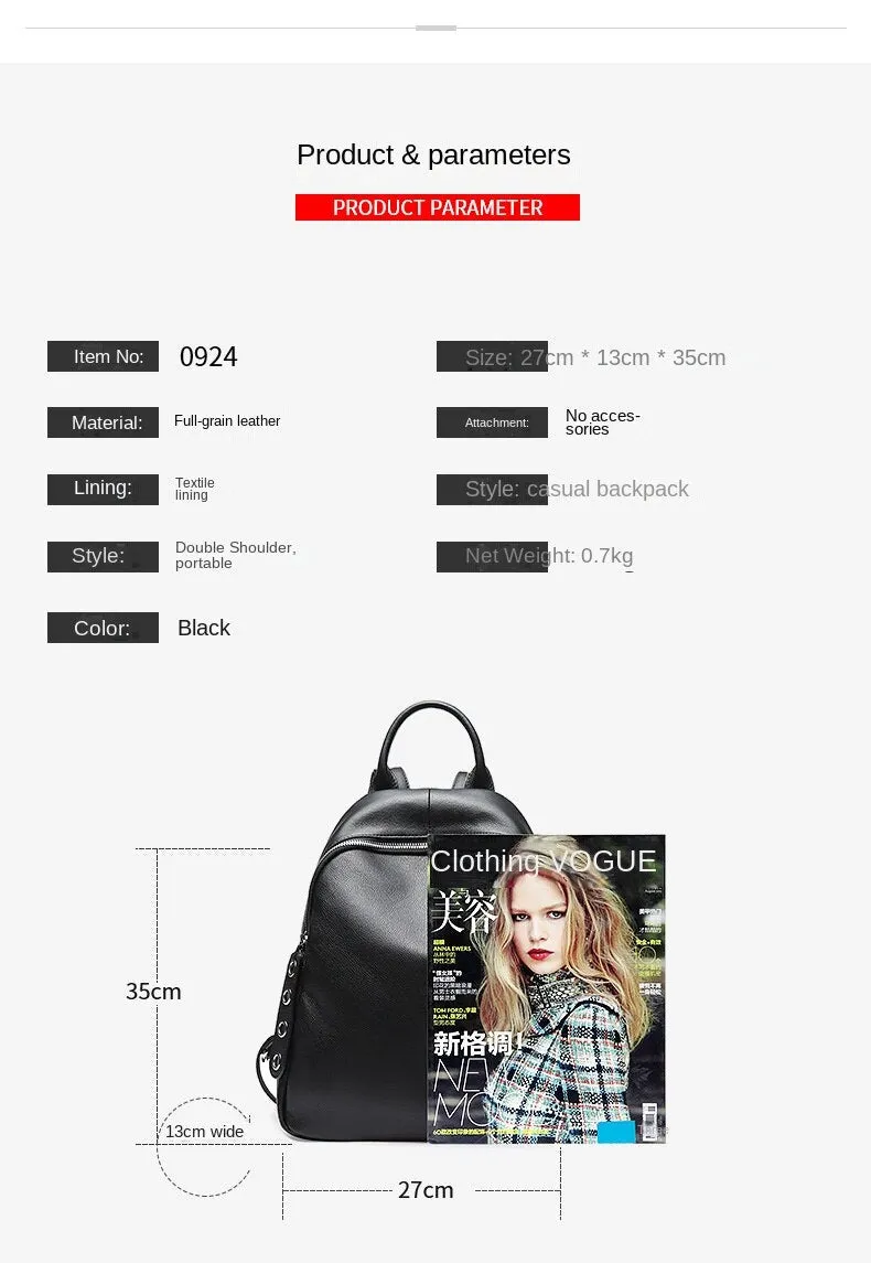 Genuine Cowhide Leather Women's All-Match Travel Shoulder Strap Backpack