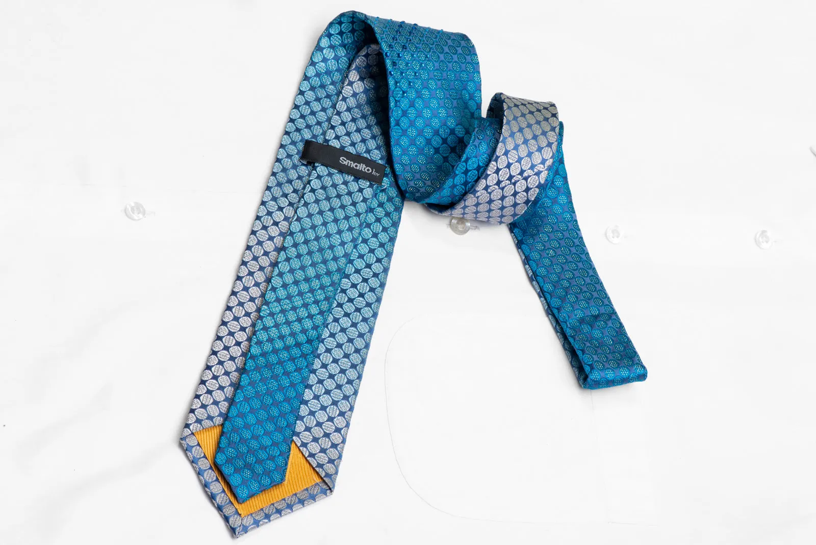 Geometric Dots On Blue Rhinestone Silk Necktie With Silver Sparkles