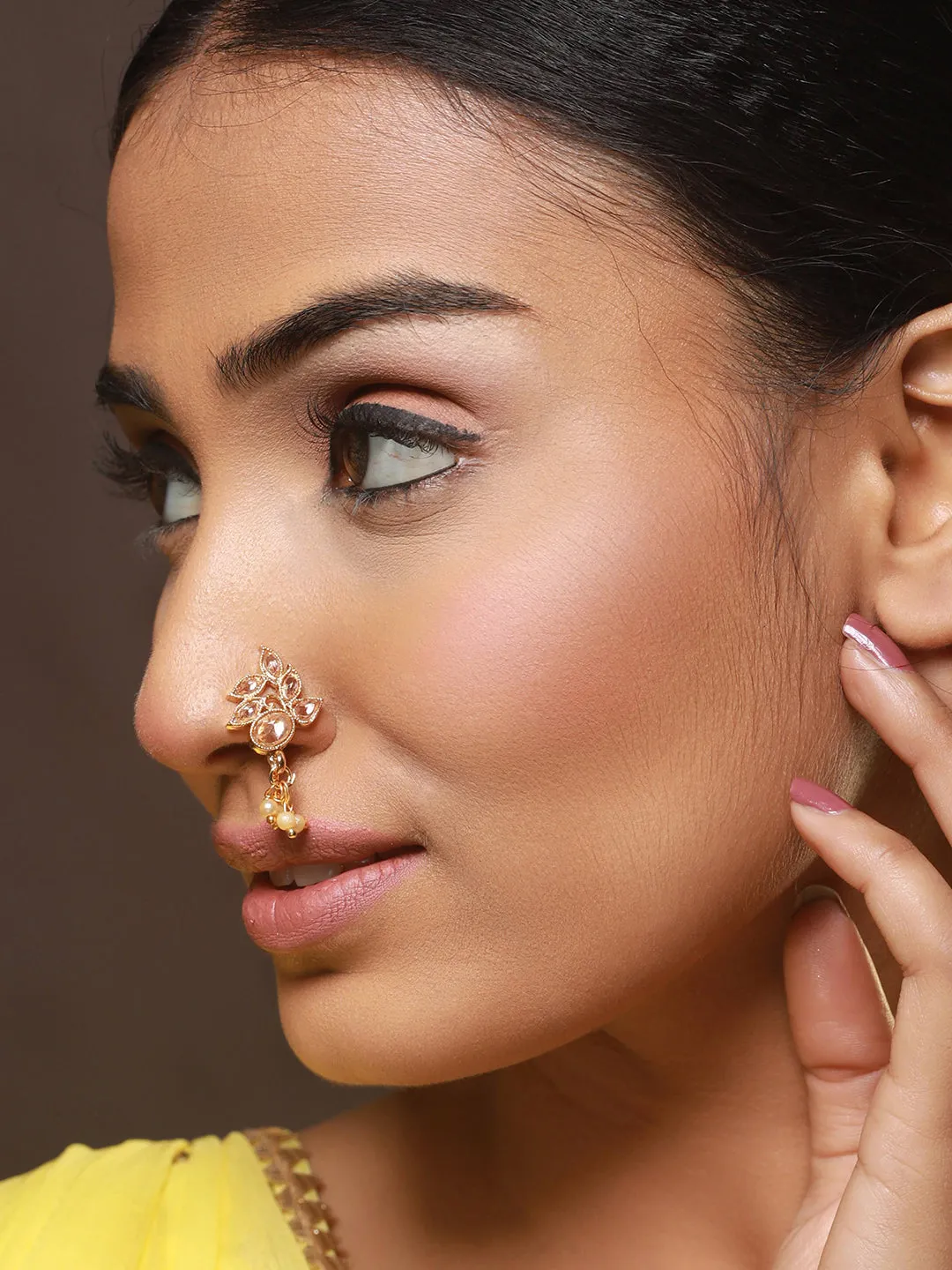 Gold-Plated Red & White Kundan Studded Nose Pin