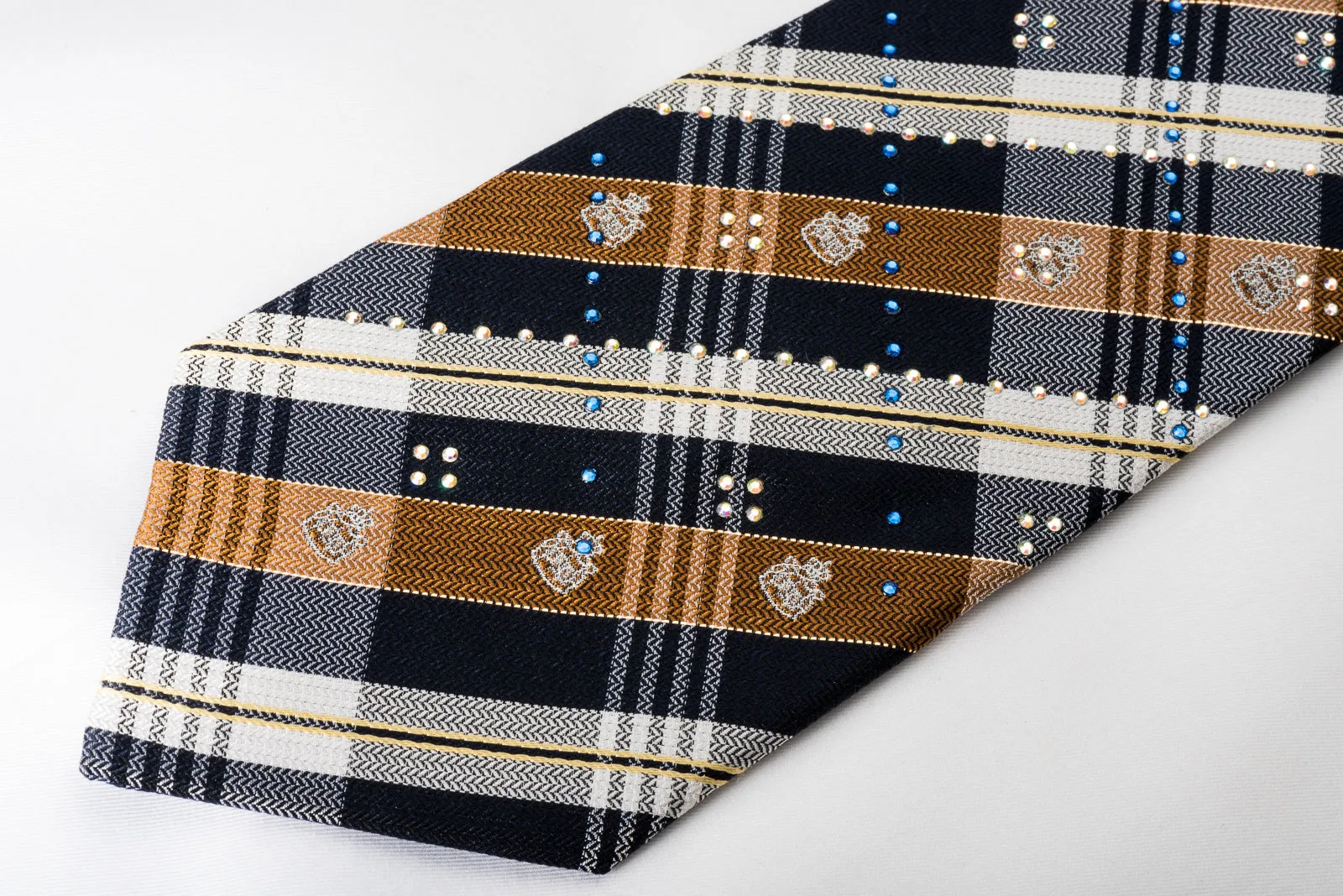 Grand Jour Rhinestone Silk Necktie Brown Blue Plaids With Silver Sparkles