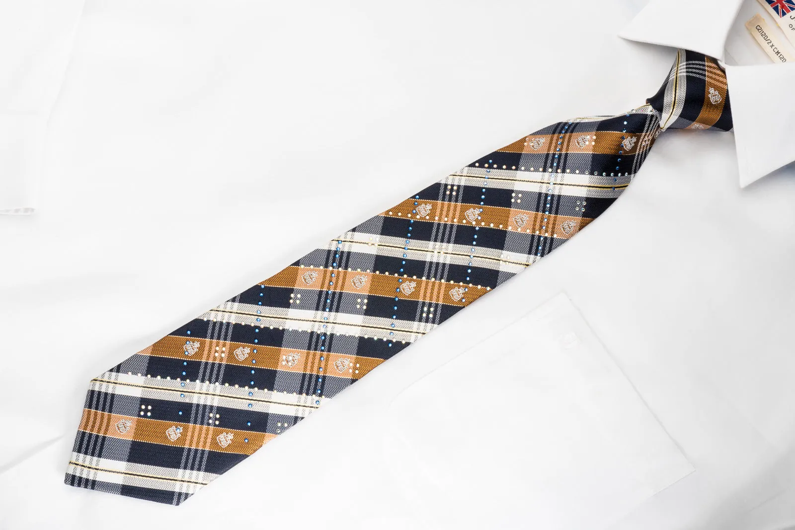 Grand Jour Rhinestone Silk Necktie Brown Blue Plaids With Silver Sparkles