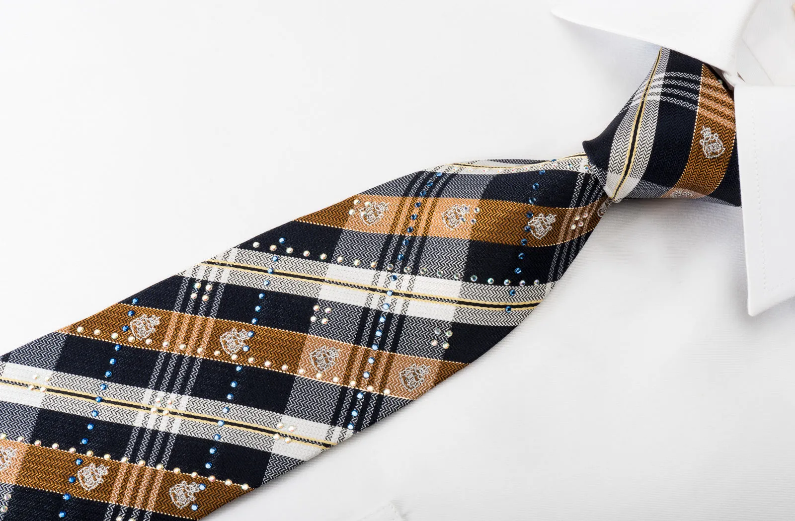 Grand Jour Rhinestone Silk Necktie Brown Blue Plaids With Silver Sparkles