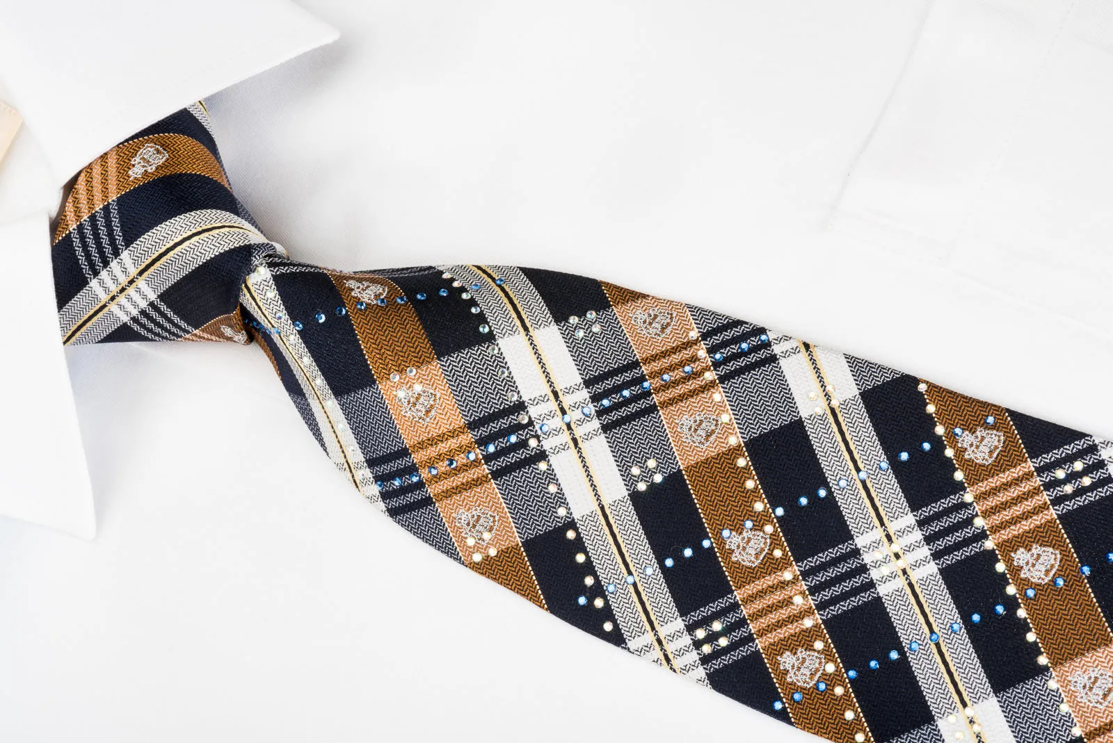 Grand Jour Rhinestone Silk Necktie Brown Blue Plaids With Silver Sparkles