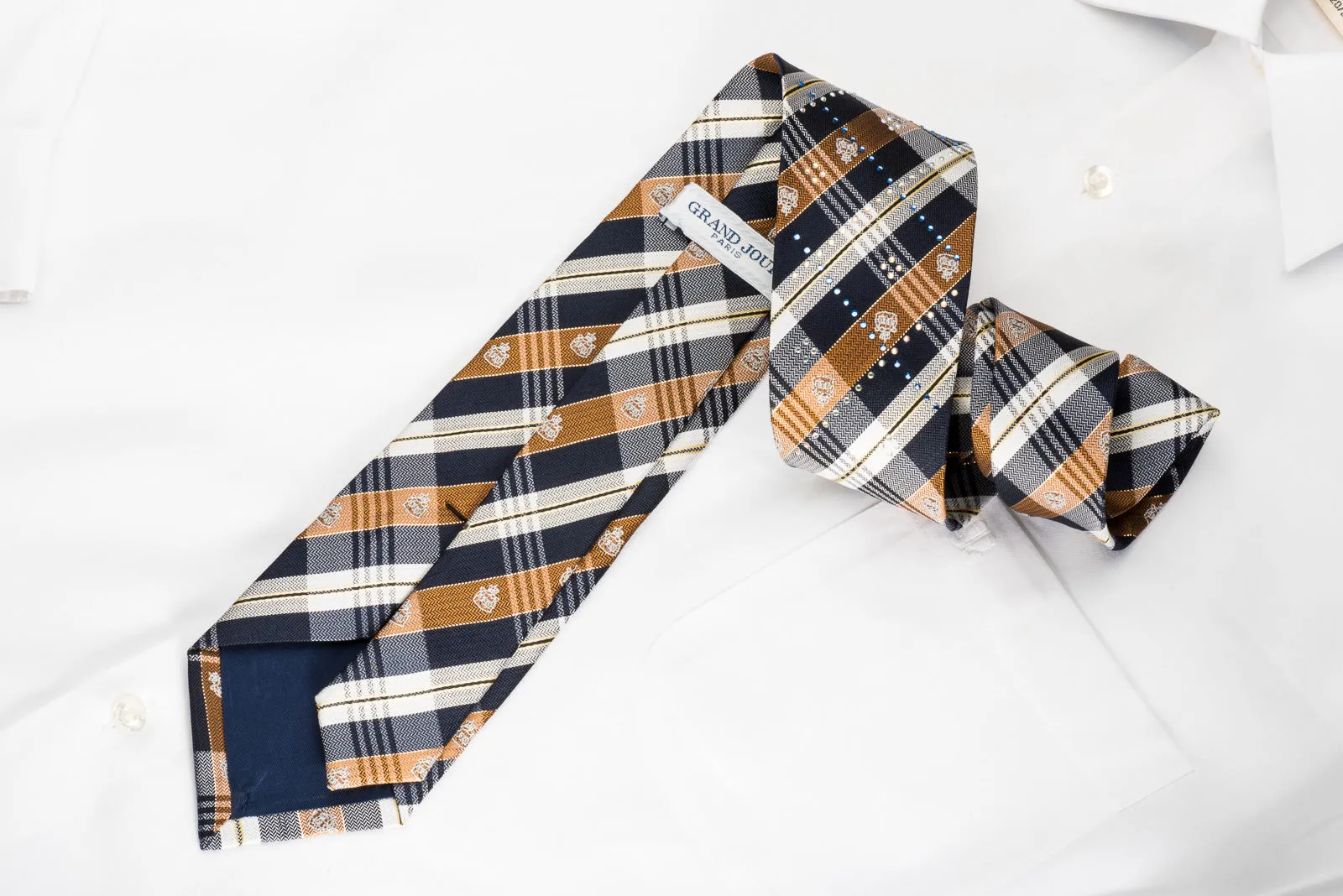 Grand Jour Rhinestone Silk Necktie Brown Blue Plaids With Silver Sparkles