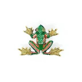 Green Flying Frog Hand-Embroidered Brooch Pin