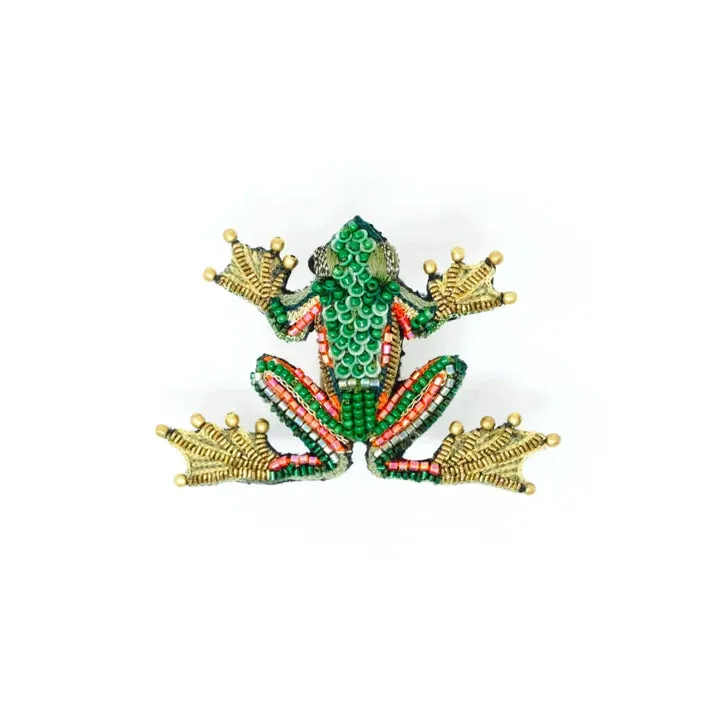 Green Flying Frog Hand-Embroidered Brooch Pin