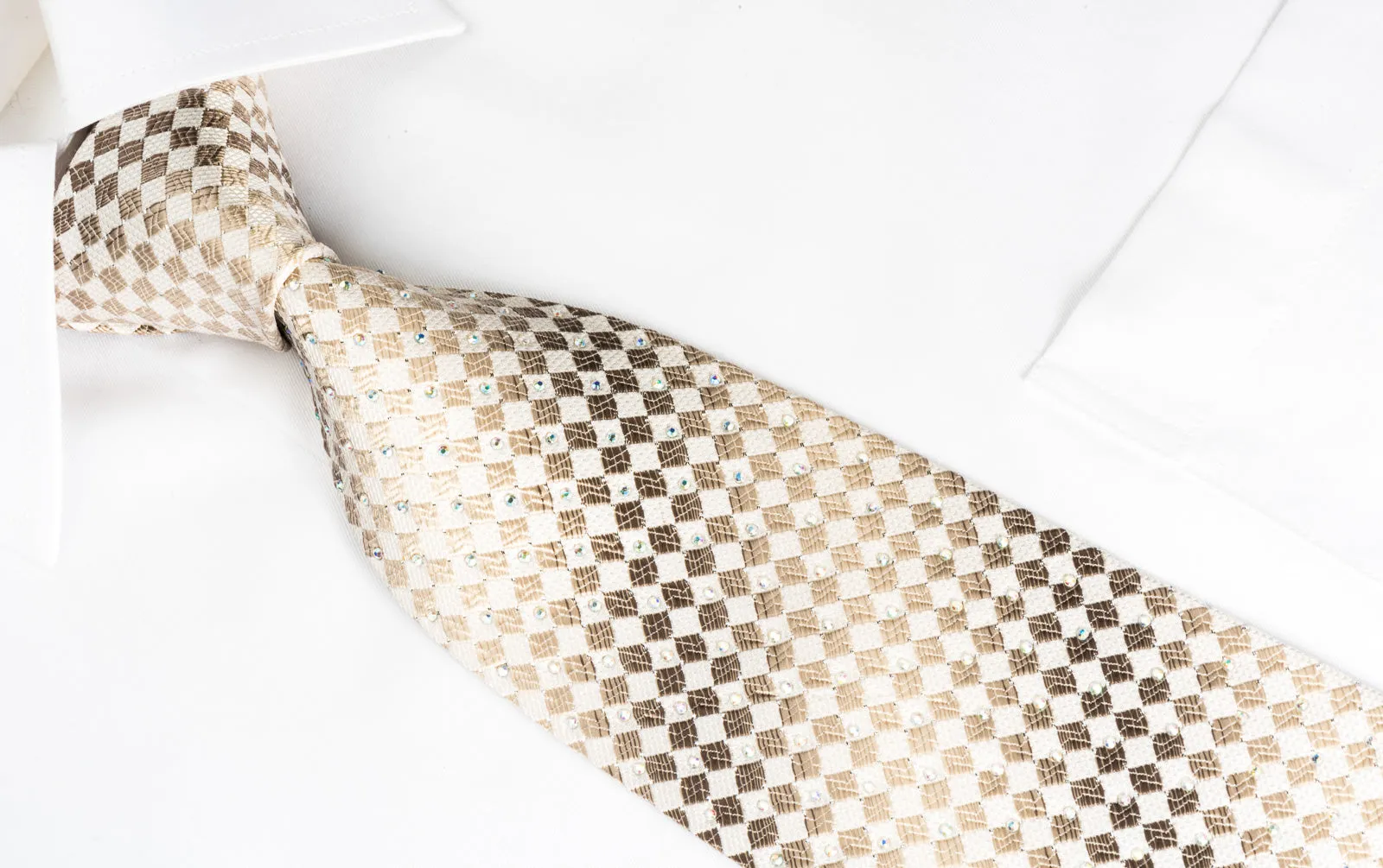 Guy Laroche Silk Rhinestone Necktie Brown Checker On Beige With Silver Sparkles